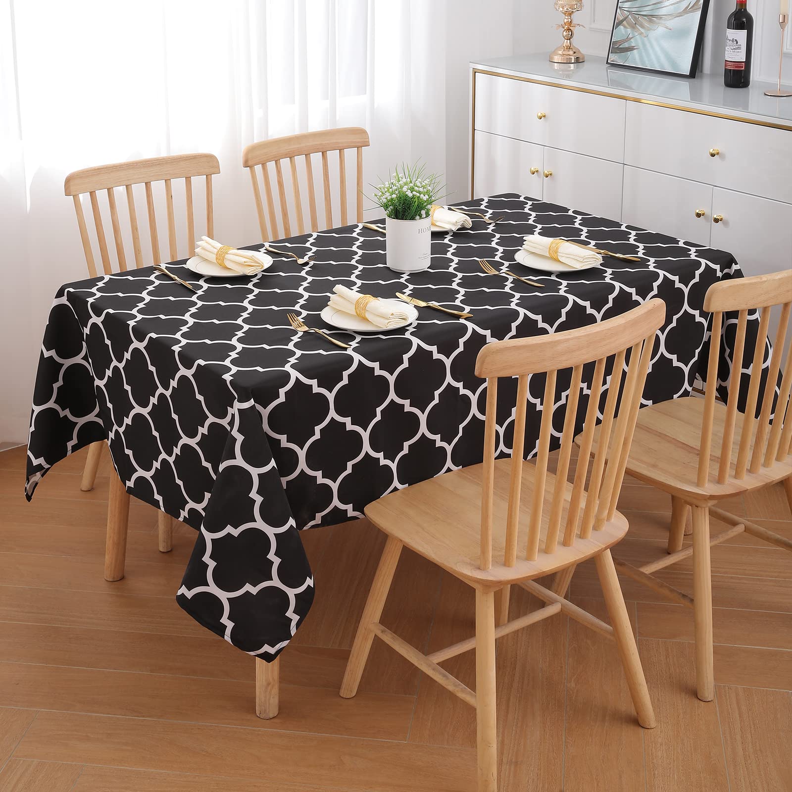 Premium Moroccan Polyester Tablecloth for Rectangle Tables – Waterproof, Stain-Resistant, Washable Dining Table Cover – Perfect for Holidays, Parties, Weddings – Elegant Black & White Design – 52 x 70 Inches – Ideal for Home Decor, Restaurants, and Events