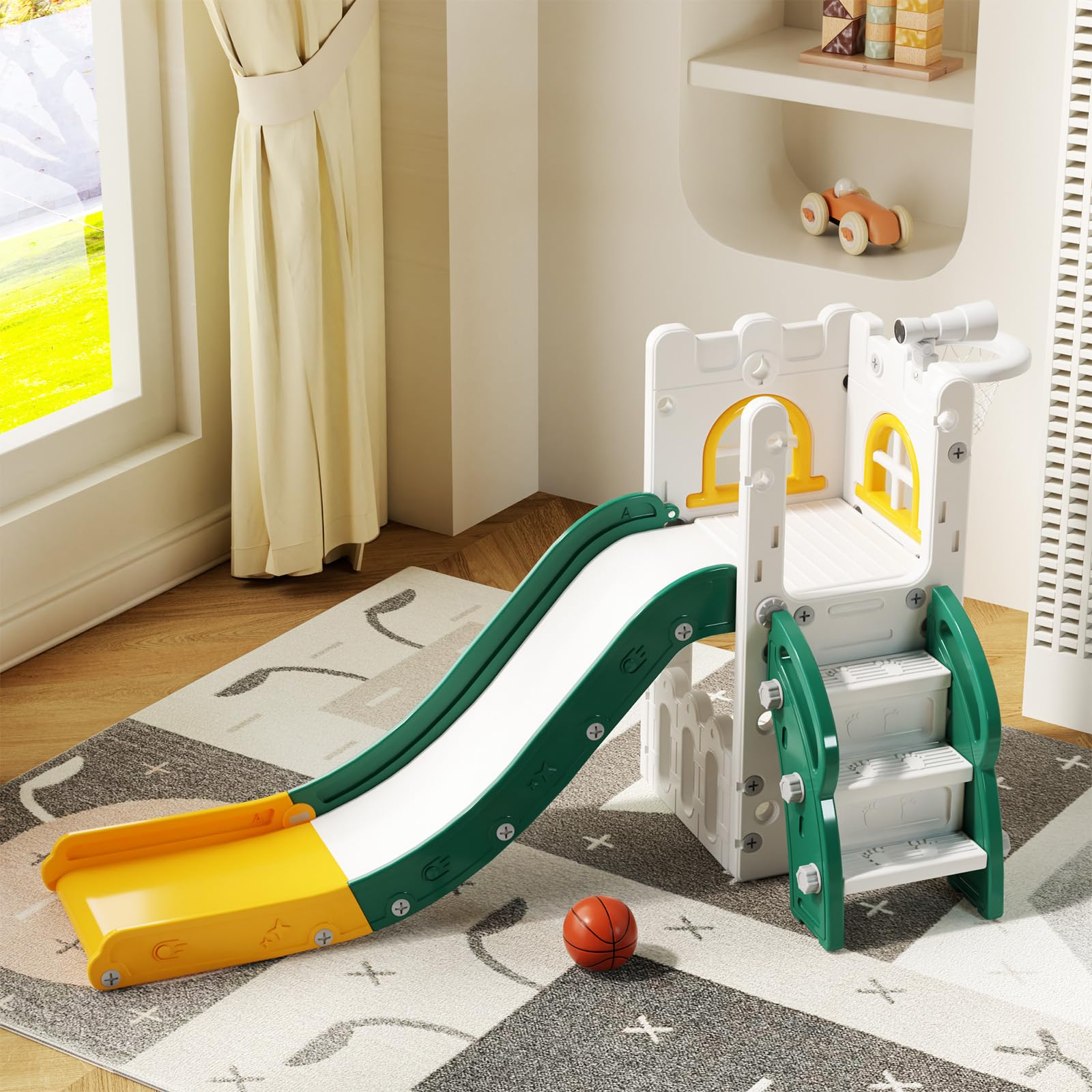 MOCUTEEN 6-in-1 Toddler Slide & Playset with Basketball Hoop, Storage, Telescope - Indoor/Outdoor Climbing Toys for Kids | Perfect for Backyard, Playroom & Preschool Playground Activities