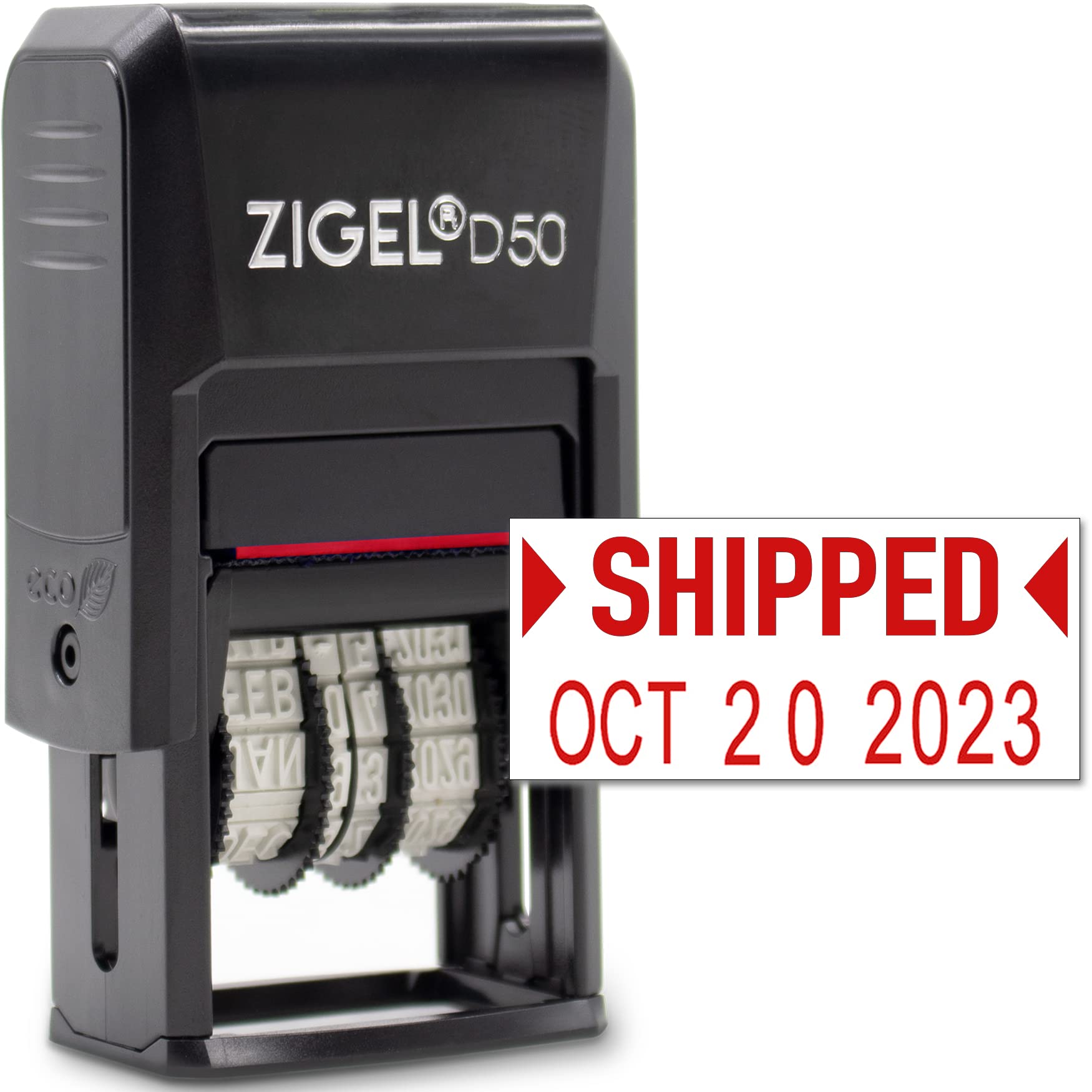 ZIGEL D50 Self Inking Date Stamp with Shipped Indicator - Adjustable Red Ink Stamp for Office, Shipping, Logistics & Document Dating