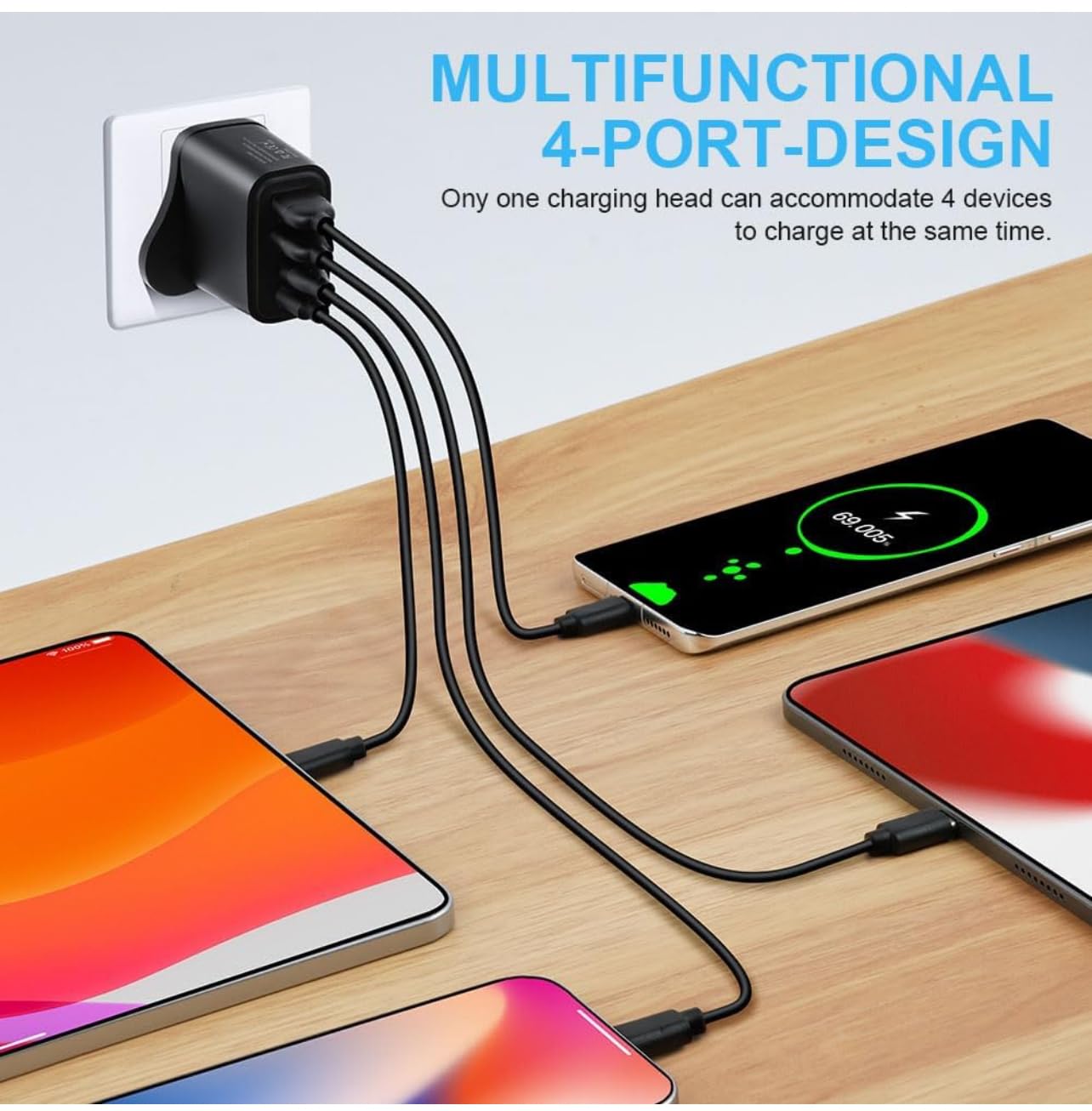 40W 4-Port USB C Wall Charger with Fast Charging - Multi Port USB Plug Adapter for iPhone 15 Pro Max/14/13/12/11/XS/XR/8/7 - UK Power Plug - Perfect for Home, Office & Travel Charging Needs