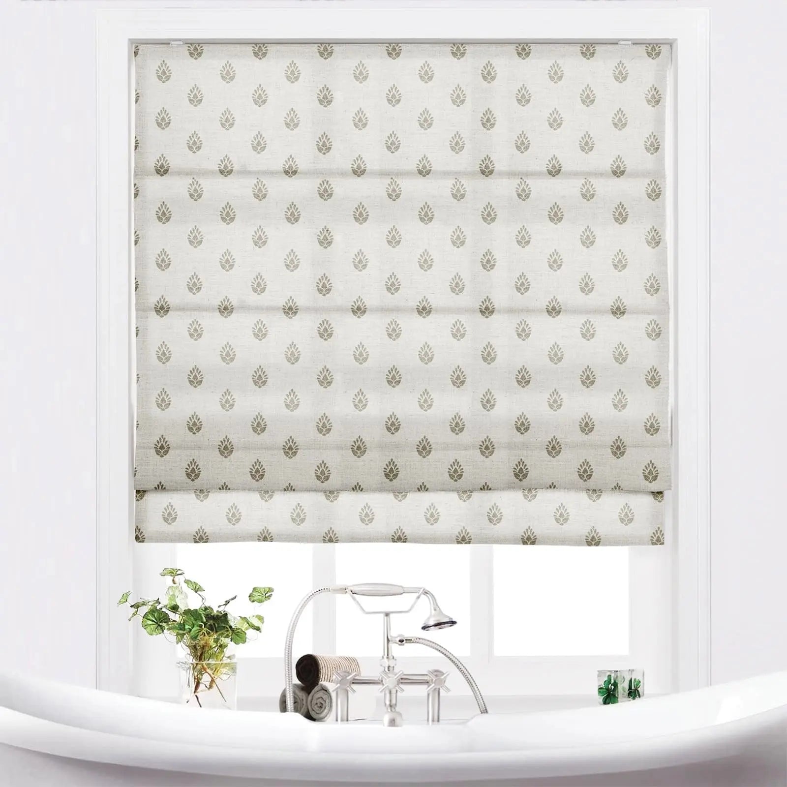 Stefana Silver Printed Cordless Roman Shade - Blackout Window Treatment for Bedroom & Living Room - Plus Size Custom Window Coverings