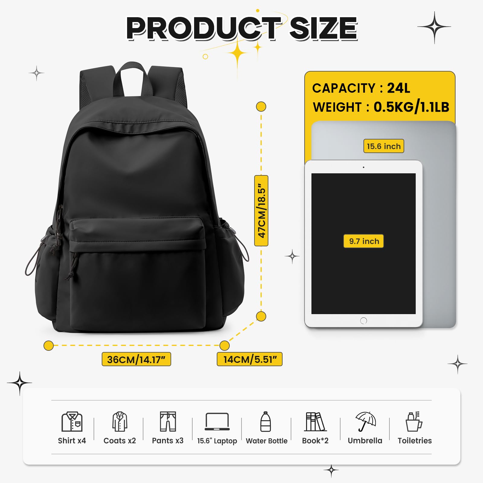 **Stylish Large Black Backpack for Women & Men - Waterproof Lightweight Travel Daypack, High School & College Bookbag - Perfect for Commuting, Hiking, and Everyday Use**