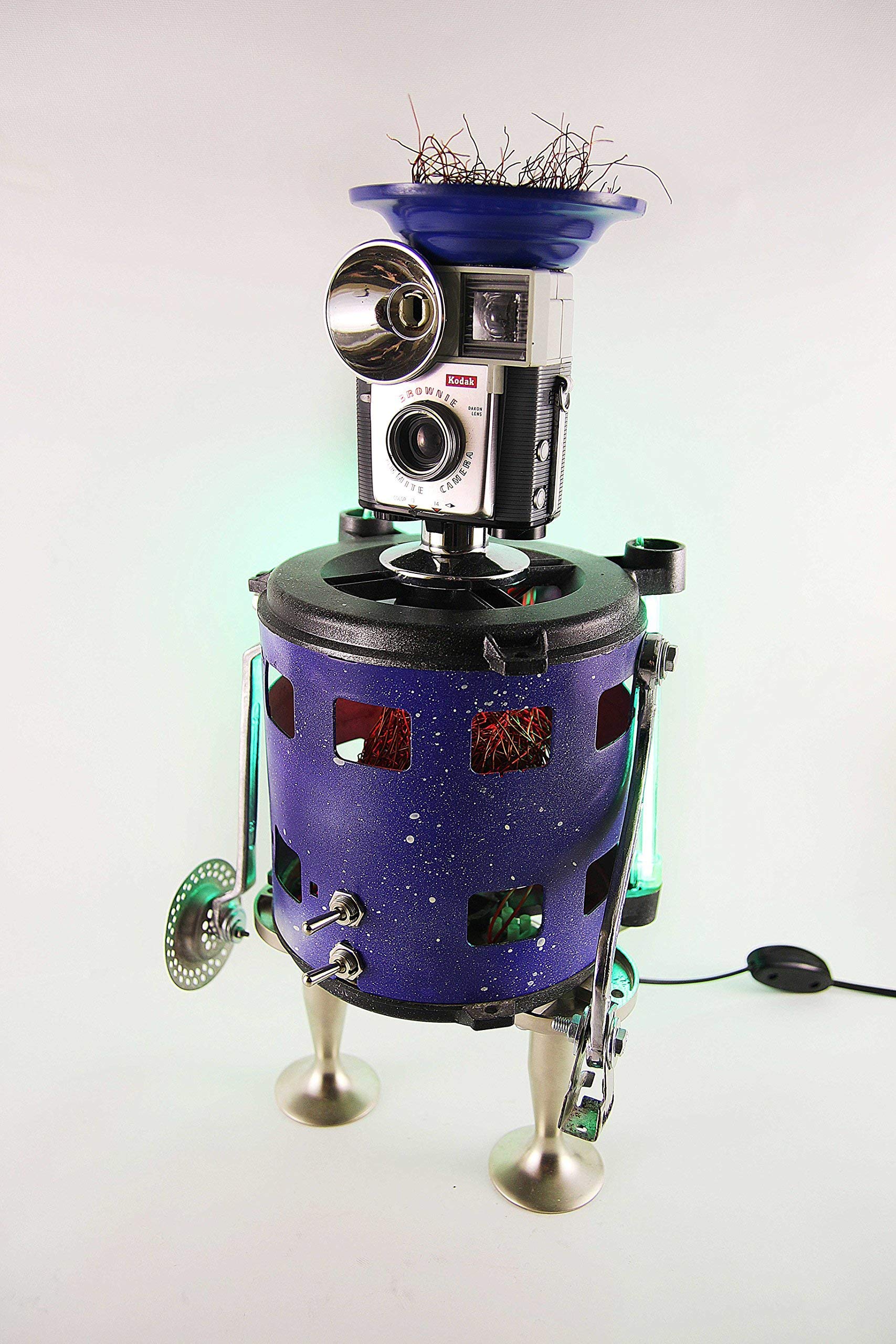 Steampunk Robot Sculpture Lamp - Unique Found Object Art with Night Light, Made from Recycled Materials - Perfect for Home Decor, Office Desk & Gift Ideas