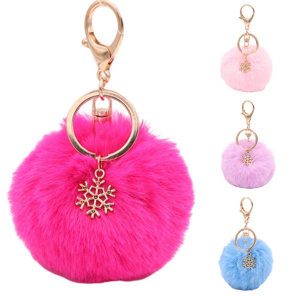 Snowflake Fluffy Pompom Keychain - Cute Car Key Ring Holder with Soft Ball Charm for Women, Girls (Perfect for Car Keys, Bags, Gifts & Winter Accessories)