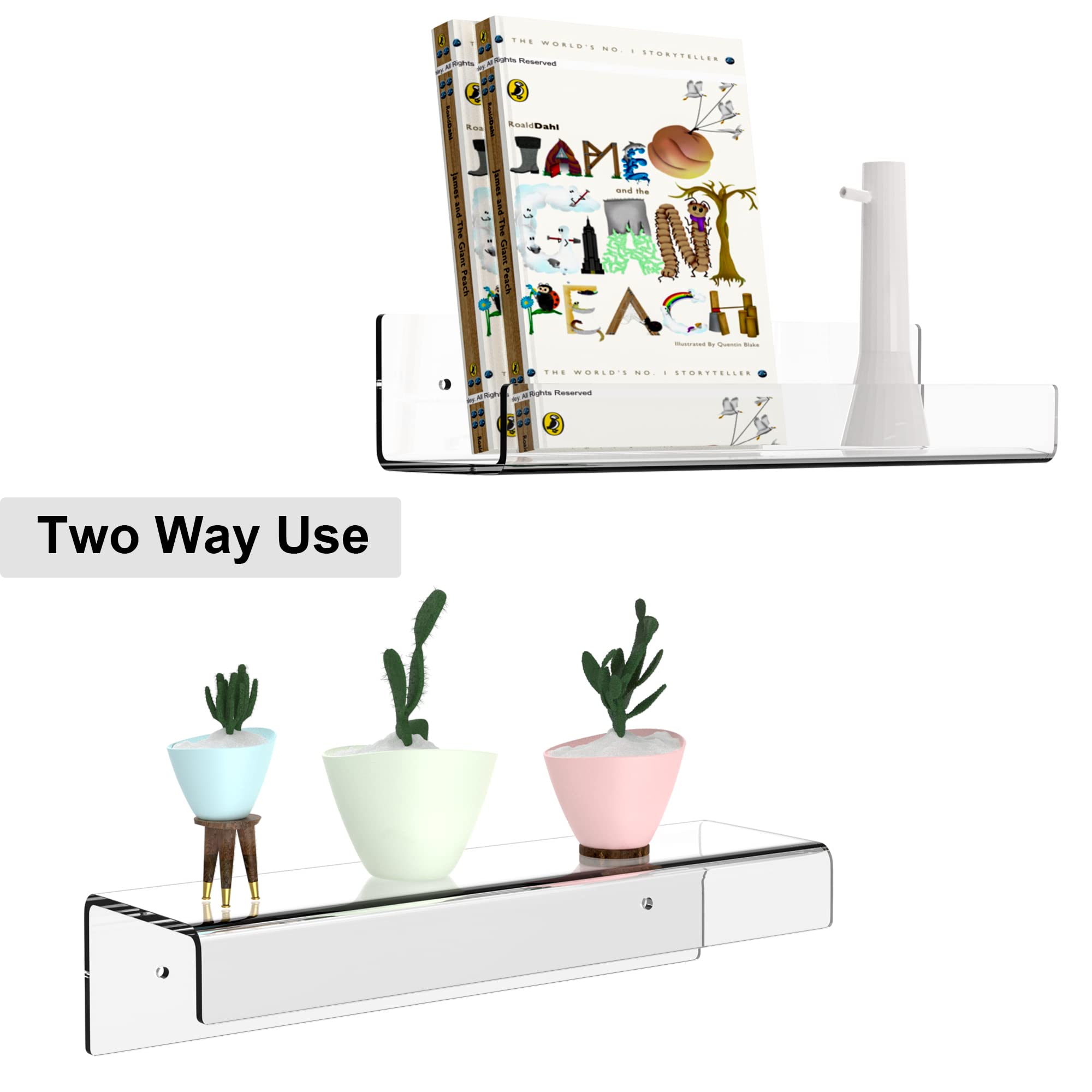 15 Inch Clear Acrylic Floating Wall Shelf - Set of 2 | Invisible Bookshelf for Nursery, Bathroom & Office | 5MM Thick Wall Mounted Display Ledge for Books, Toys, Spices & Decor | Modern Home Storage Solution