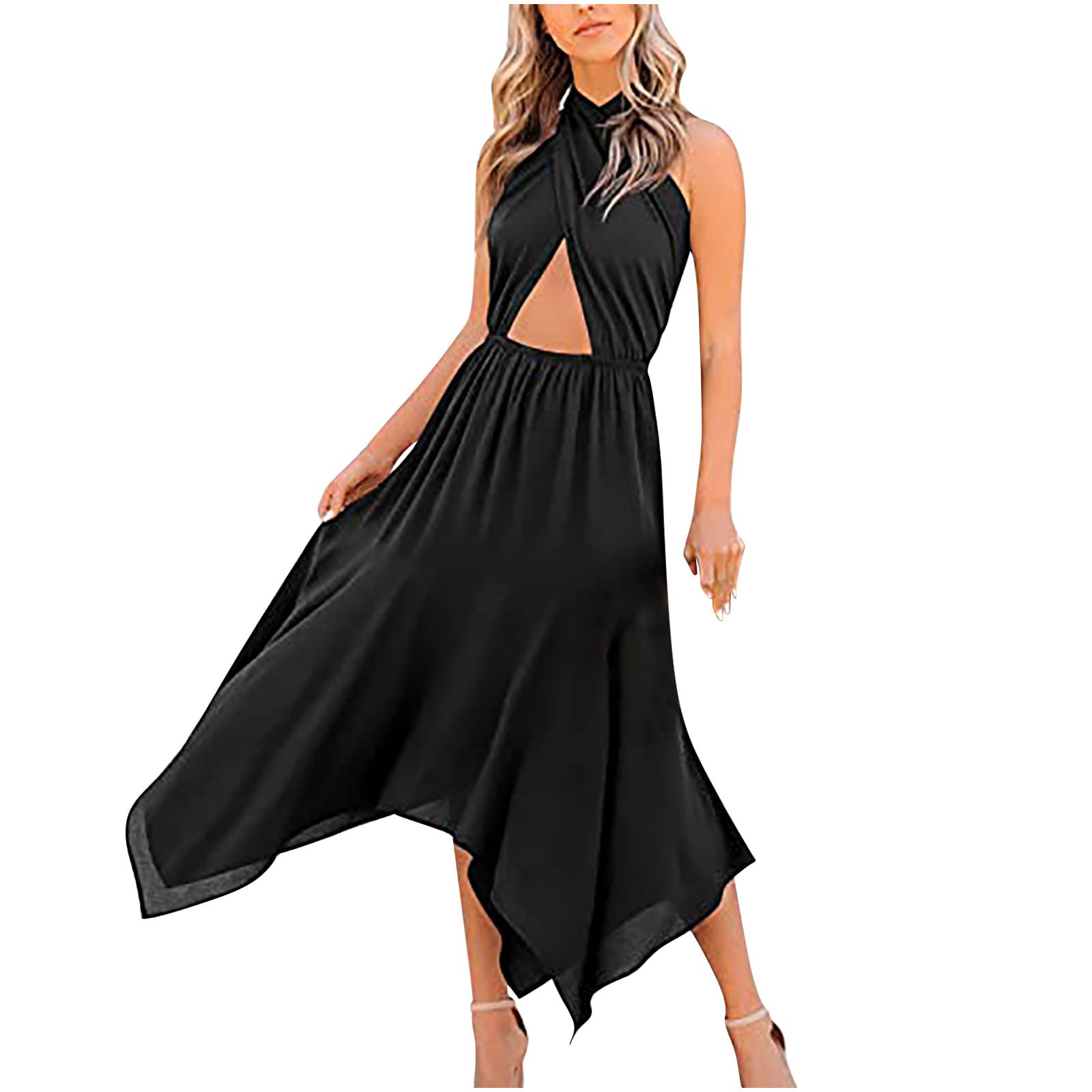 Women's Criss Cross Halter Neck Flowy Midi Dress - Bohemian Cocktail Party Dress with Irregular Hem for Resort, Beach & Evening Events - Black