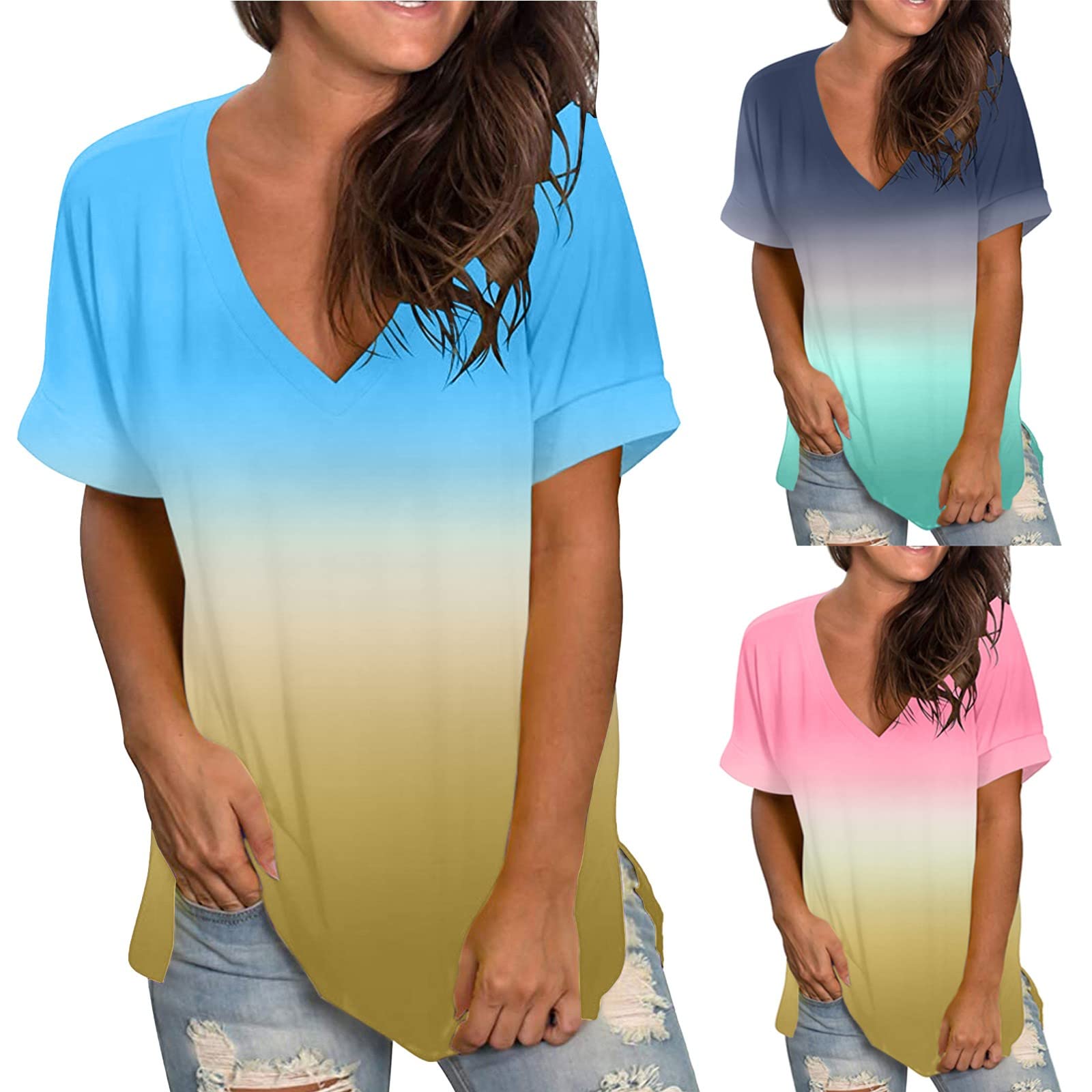 Women's Trendy Gradient Printed V-Neck Short Sleeve Blouse - Loose Fit Dressy Tops & Casual T-Shirts for Work, Party & Everyday Wear