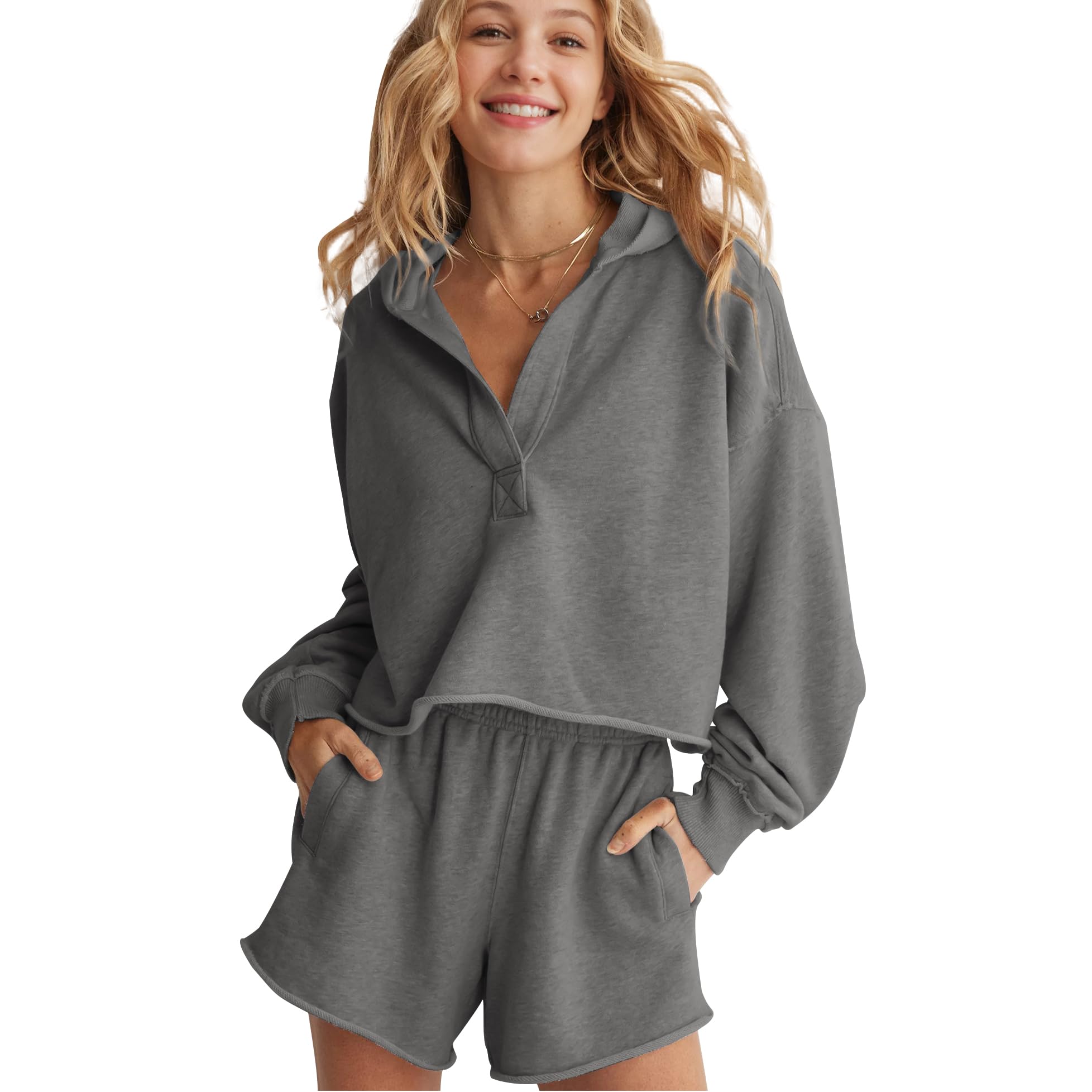 Women's 2-Piece Lounge Set - Long Sleeve Hooded Pullover Sweatshirt & Elastic Waist Shorts - Comfortable Workout Tracksuit for Yoga, Gym, Running & Casual Wear