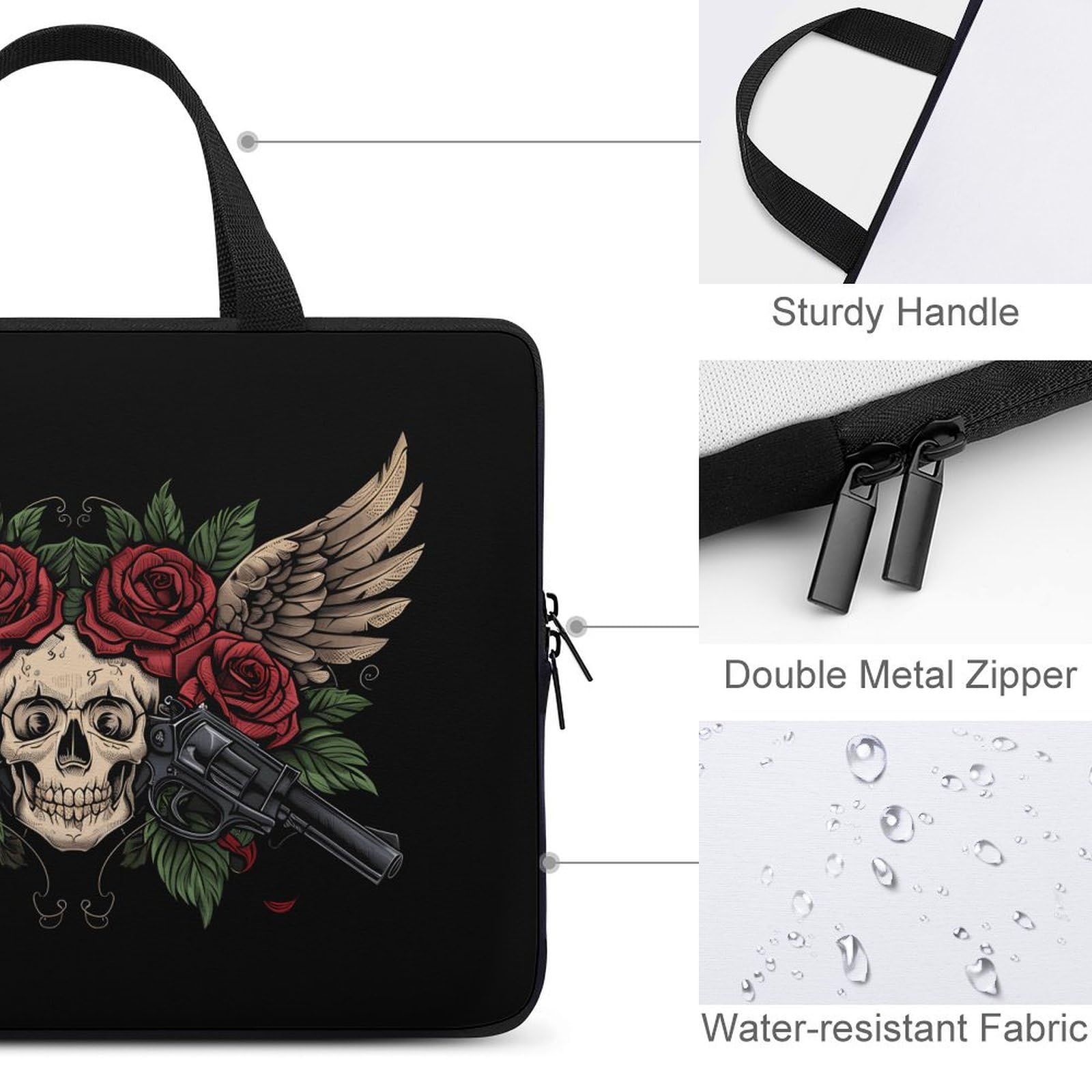 Skull Print Laptop Tote Bag - 10 Inch Portable Notebook Carrying Case with Protective Padding for MacBook, Work & School | Durable Computer Briefcase for Commuters & Students