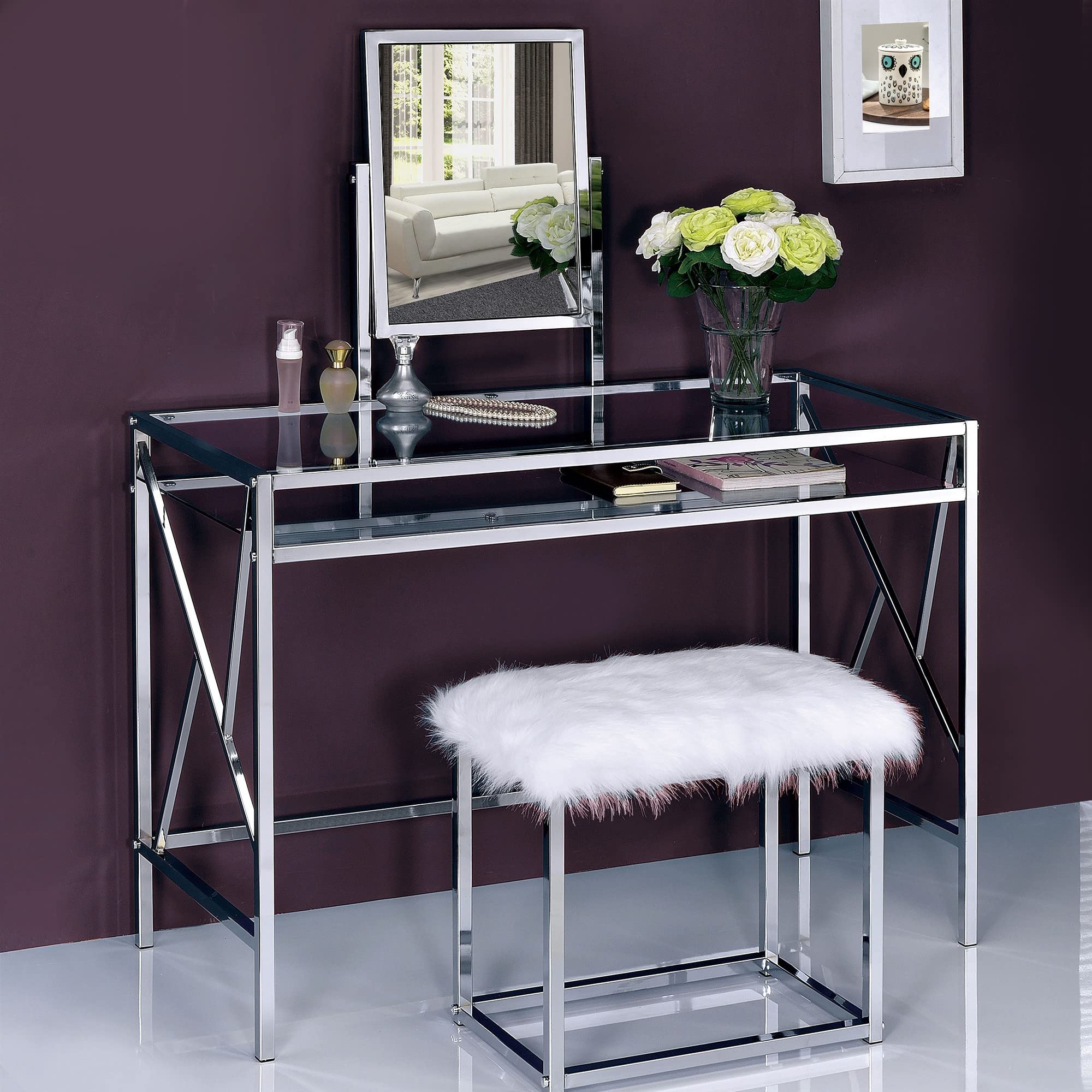 Benjara White and Silver Glass & Metal Vanity Set with Faux Fur Stool - Perfect for Bedroom, Bathroom & Dressing Room Makeup Organization