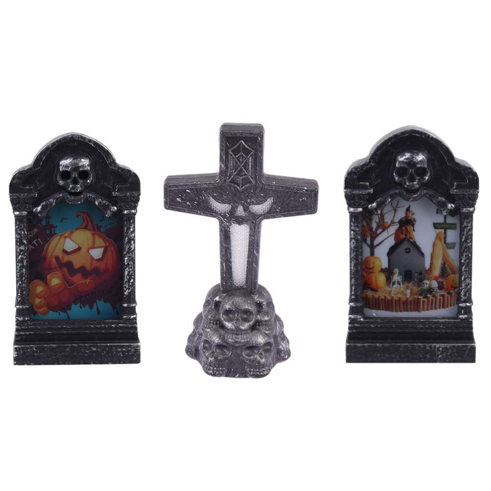 OSALADI 3-Piece Halloween LED Tombstone Lamp Set - Spooky Graveyard Decor for Indoor & Outdoor Haunted House Parties, Halloween Props, and Tabletop Decoration | Perfect for Halloween Night, Haunted Yard Displays, and Themed Party Lighting