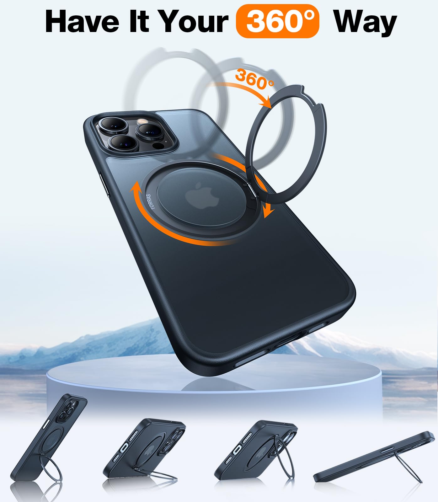 TORRAS 360° Rotatable Magnetic Ring Holder Case for iPhone 13 Pro - Military Grade Shockproof, Slim Translucent Back, Magsafe Compatible with Stand - Perfect for Hands-Free Viewing, Gaming & Video Calls (Space Black)