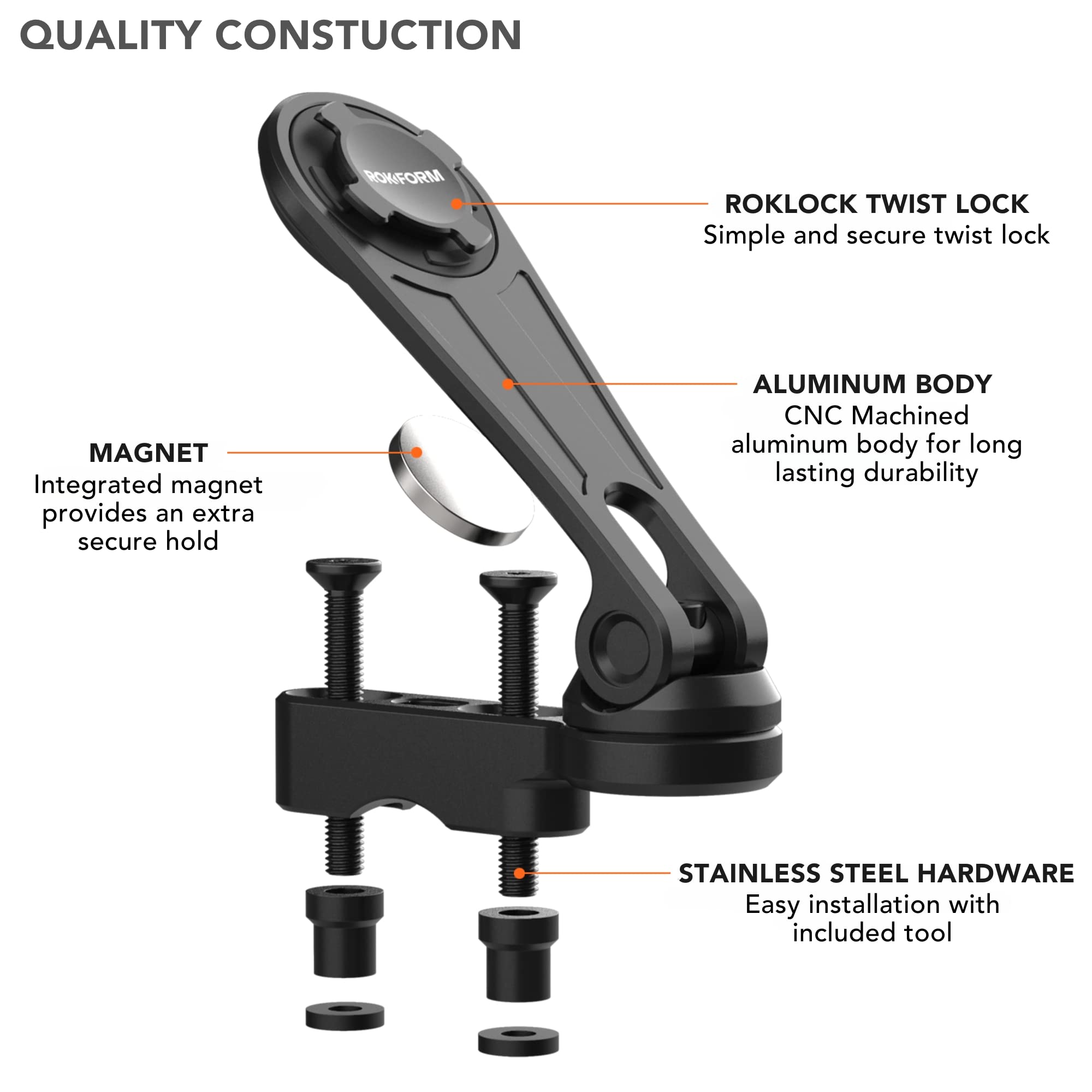 Rokform Universal Motorcycle Phone Mount - Compatible with Harley, Metric & Indian Cruisers | Quad Tab Twist Lock & Built-in Magnet for Secure Phone Attachment (Black) | Ideal for Adventure Riding, Commuting & Road Trips