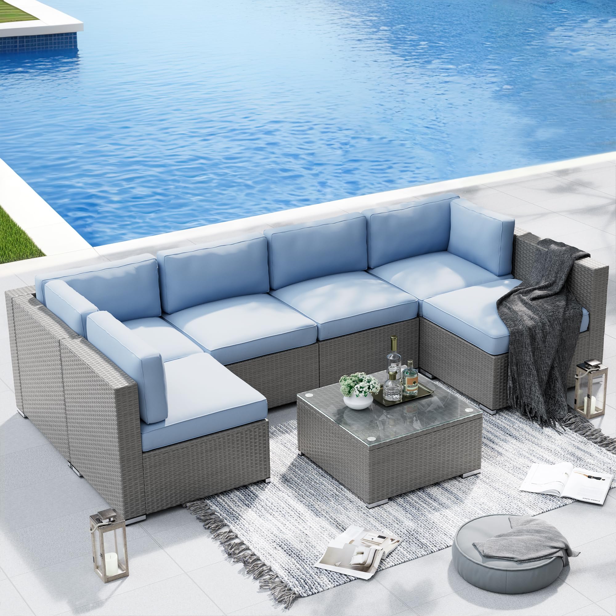 SUNCROWN 7-Piece Outdoor Patio Furniture Set - Grey Wicker Sectional Sofa with Coffee Table & Light Blue Cushions - Perfect for Backyard, Garden, Poolside & Patio Conversations