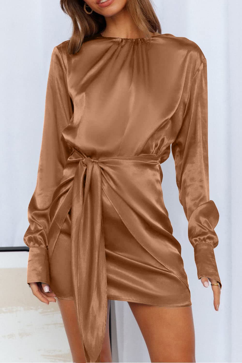 PRETTYGARDEN Women's Elegant Satin Cocktail Dress - Long Sleeve Tie Waist Spring/Fall Party Mini Dress for Wedding, Date Night & Special Occasions