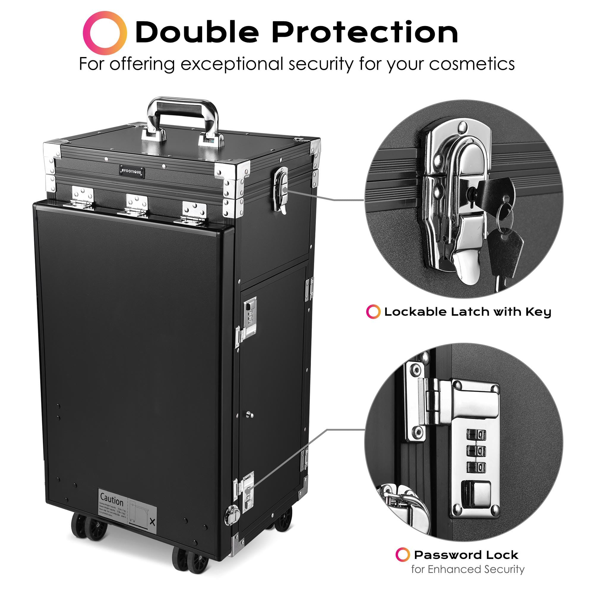 BYOOTIQUE Professional Rolling Manicure Table - Foldable Nail Salon Table with 4 Drawers, Mirror & Cosmetic Trolley - Portable Makeup Train Case for Beauty Technicians - Ideal for Salon Workstations, Home Use & Travel Storage Organizer (Black)