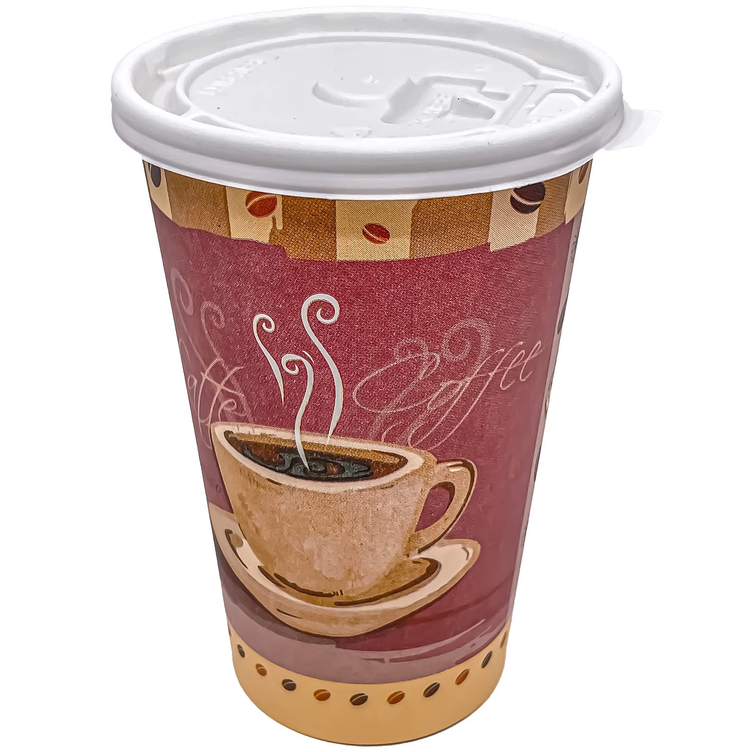 16oz Disposable Printed Colored Tea & Coffee Cups with Flat Tear-Back White Lids - 2000 Count Bulk Pack for Hot/Cold Beverages, Coffee, Tea & Soup - Perfect for Thanksgiving, Parties, Cafes & Office Events