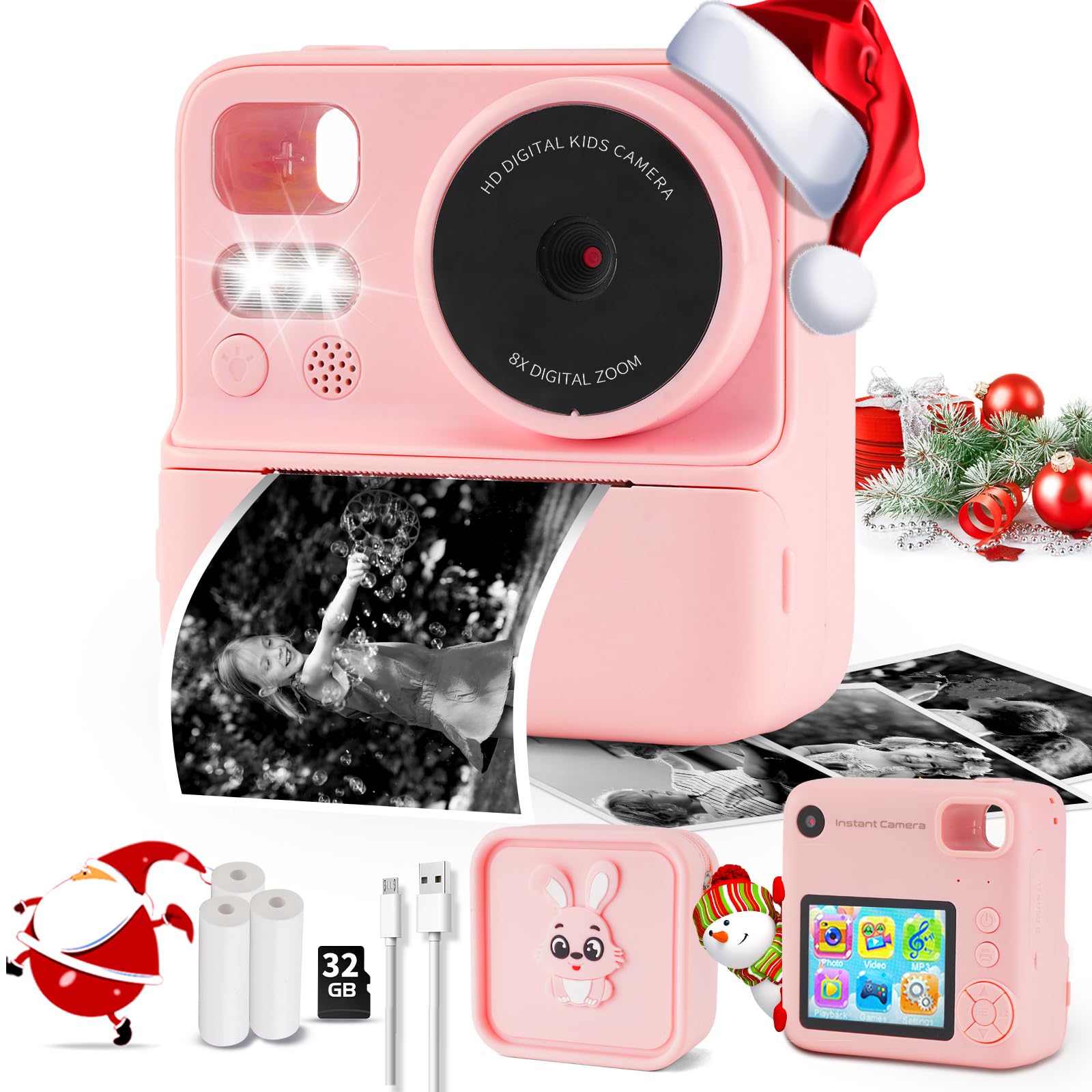 Instant Print Kids Camera with Silicone Cover - Dual Lens Digital Camera Toy for Boys & Girls Ages 3-12 | Perfect Birthday Gift for Toddlers, Travel & Family Fun (Pink)