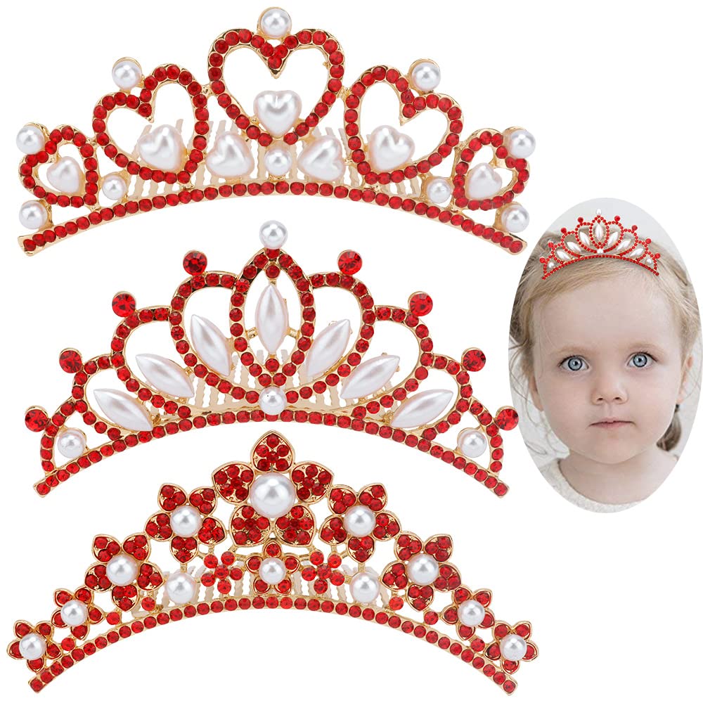 ANBALA 3 Pack Small Tiara Crown with Hair Comb - Mini Princess Crystal Tiaras for Girls Ages 2-10 - Cute Hair Accessories for Birthday Parties, Pageants, Dress-Up & Special Occasions