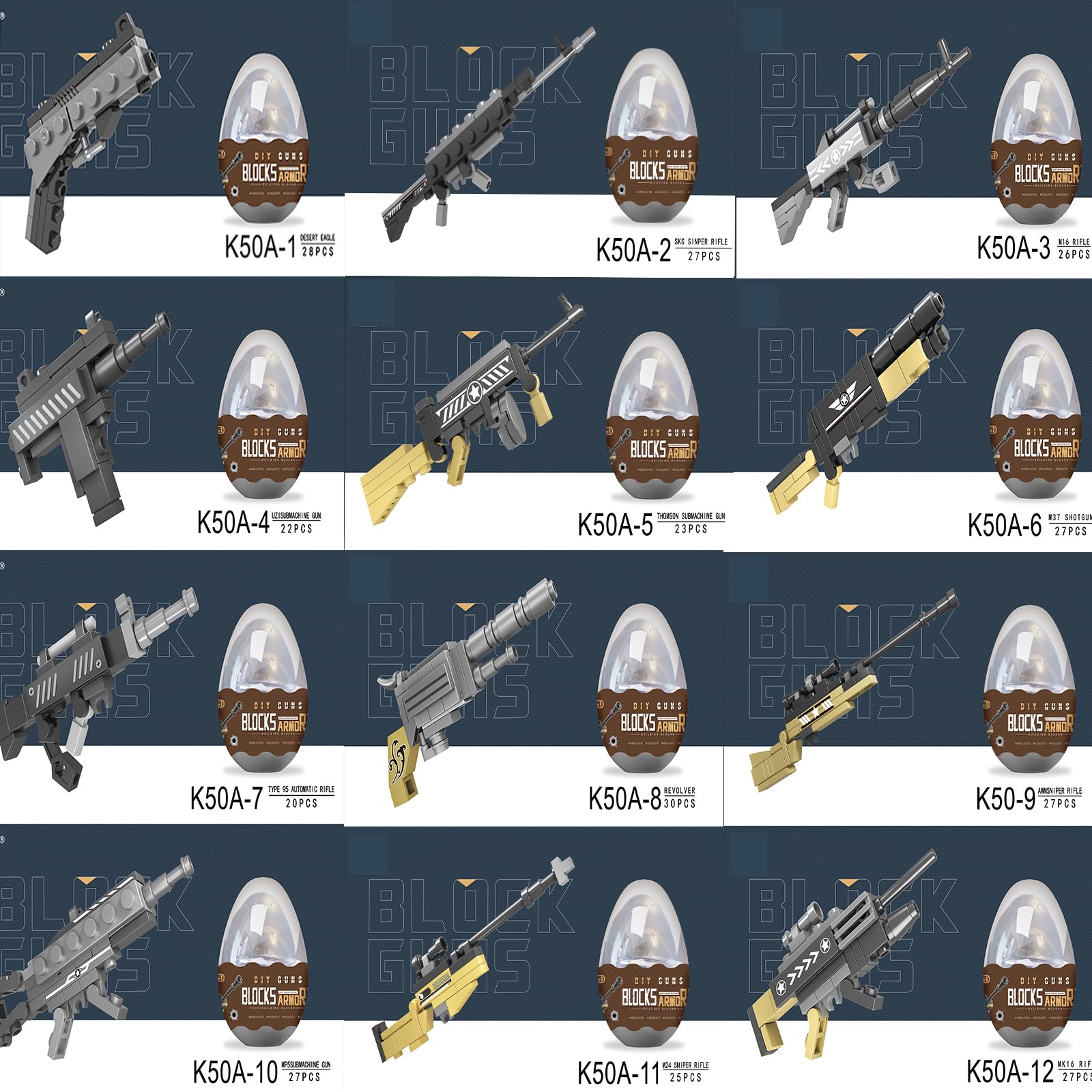 12PCS Pre-Filled Easter Eggs with Gun Block Toys - 12-in-1 Big Gun Model Building Kit for Kids Ages 6+ | STEM Learning Toy, Birthday Gift & Easter Basket Stuffers for Boys and Girls