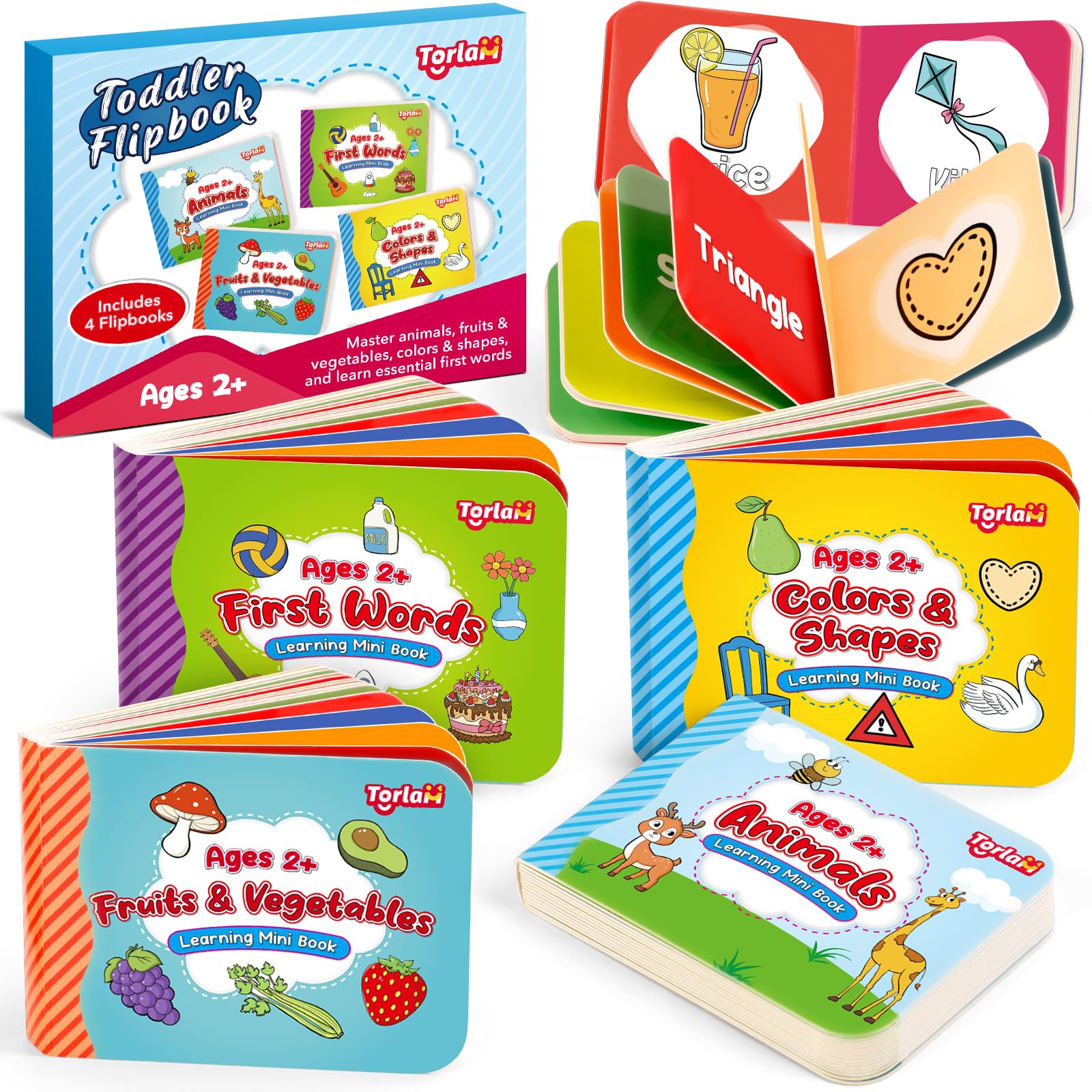 Torlam Toddler Learning Books Set - 4 Mini Board Books for Fruits, Animals, Colors & Shapes - Perfect for Early Childhood Education
