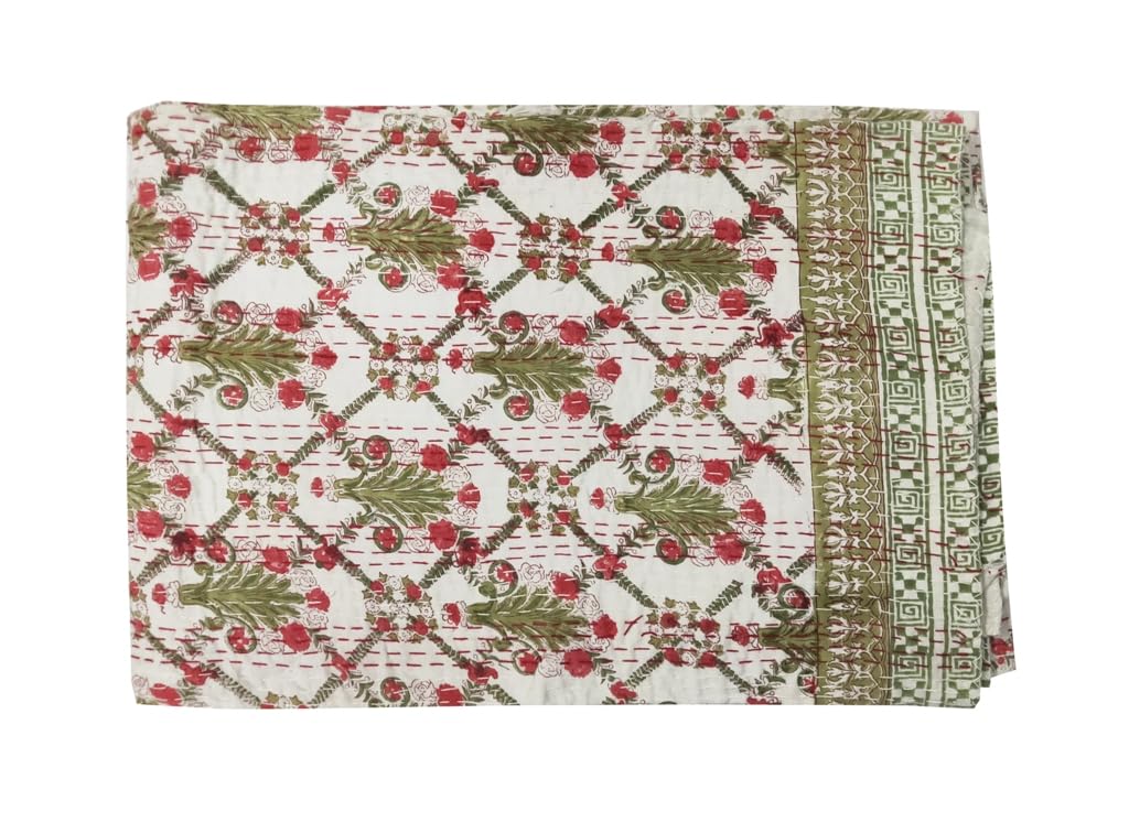 Handmade Indian Kantha Quilt - 100% Cotton Super Soft Queen Size Bedspread, Throw Blanket & Bed Cover (White, 90x60 Inches) - Perfect for Cozy Bedroom Decor, Guest Room Essentials & Boho Chic Home Styling