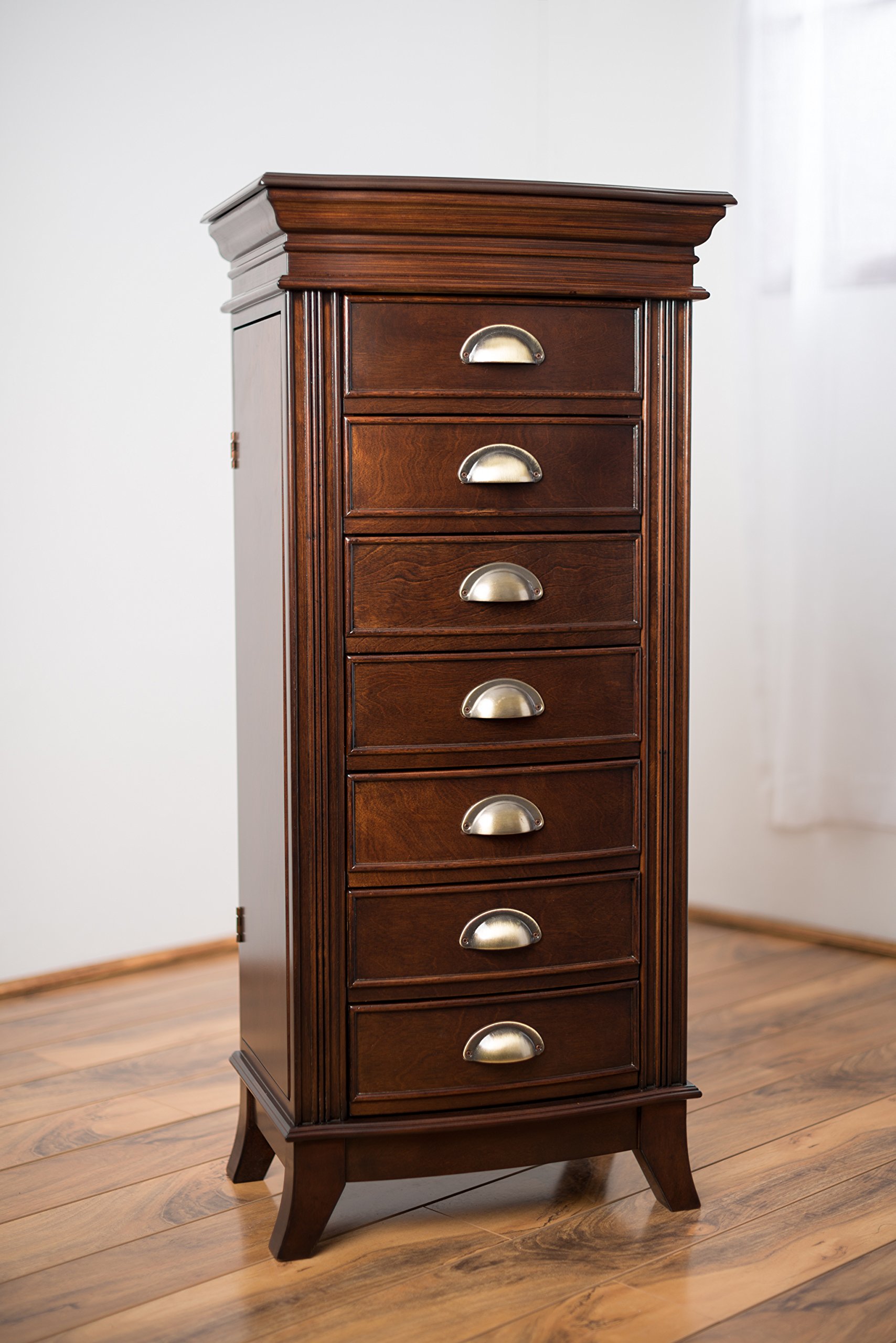 Alexa Walnut Jewelry Armoire with 7 Drawers - Classic Wooden Jewelry Organizer with Multiple Compartments for Necklaces, Rings & Bracelets - Perfect for Bedroom Vanity, Closet Storage & Gift Giving