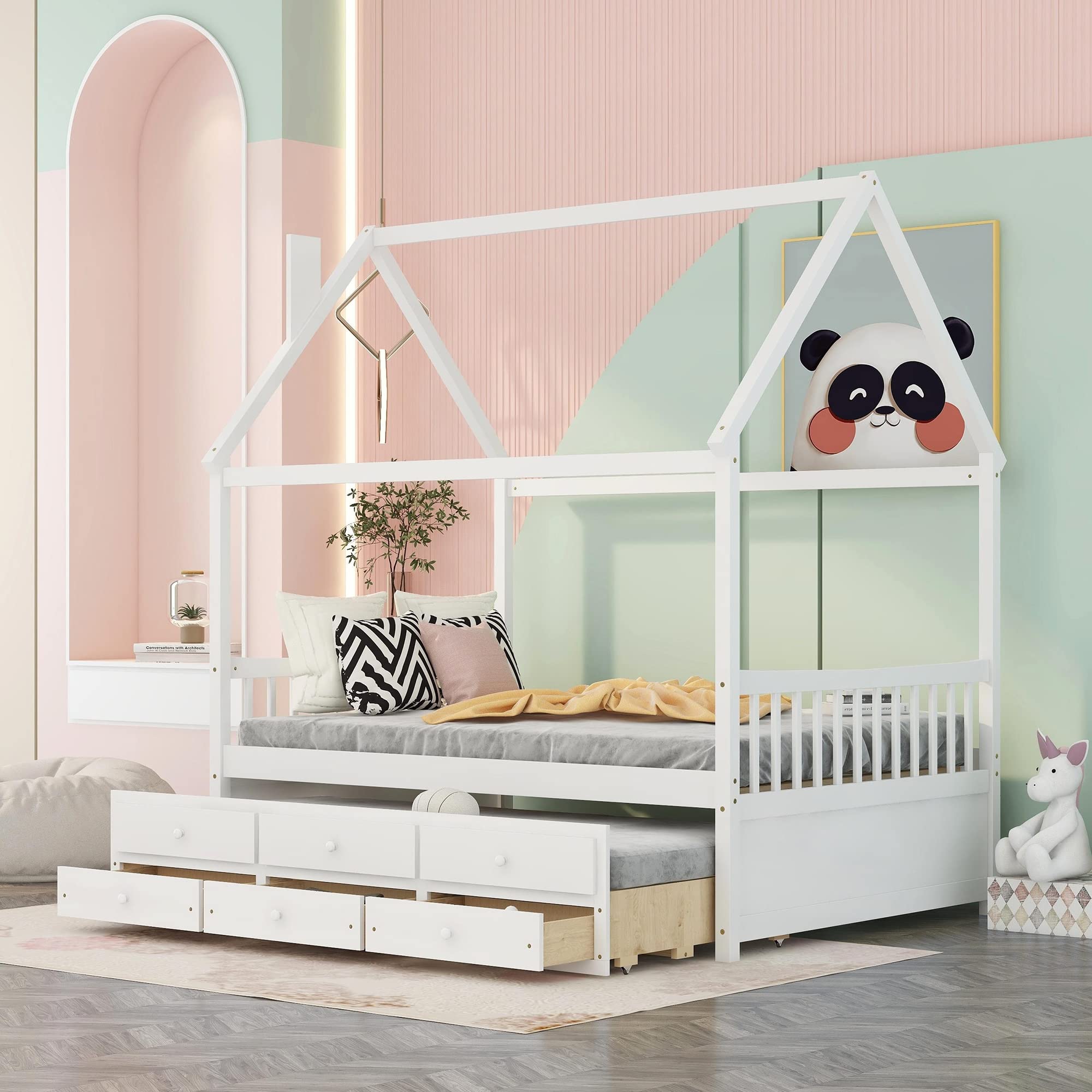 MERITLINE Full Size House Bed with Storage & Trundle - Wooden Platform Bed with Roof & Safety Rail for Kids, Teens - White | Perfect for Girls & Boys Bedrooms, Playrooms & Cozy Sleep Spaces