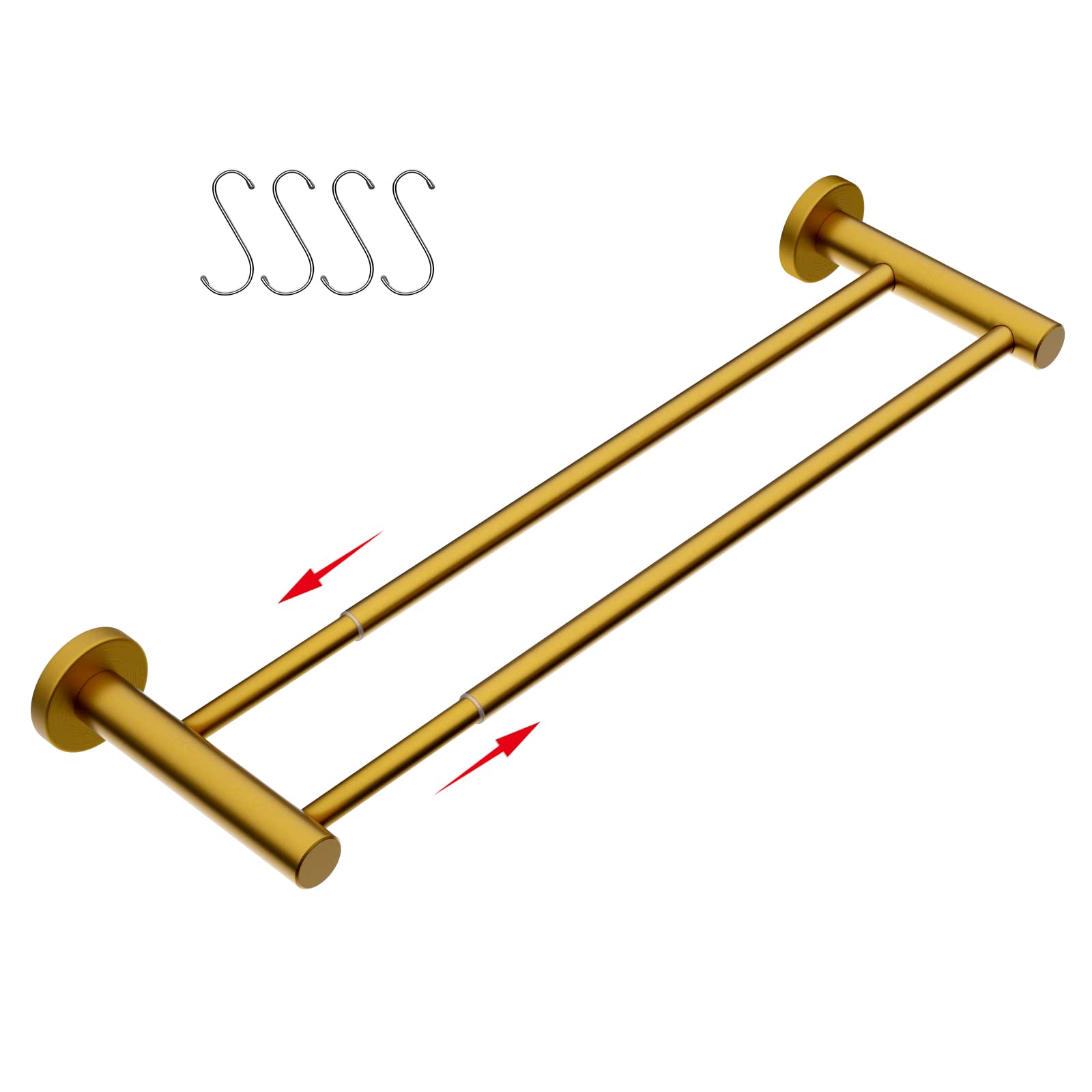 Adjustable Double Bath Towel Bar 16-27.6 Inch - Brushed Gold Stainless Steel Wall Mounted Towel Holder for Bathroom, Kitchen & Washroom - 1