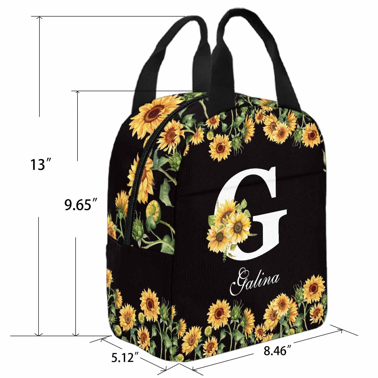 Personalized Sunflower Initial Custom Text Lunch Bag - Reusable Insulated Tote for School, Work & Travel | Perfect for Teens, Girls & Boys | Office, Camping & Picnic Essentials