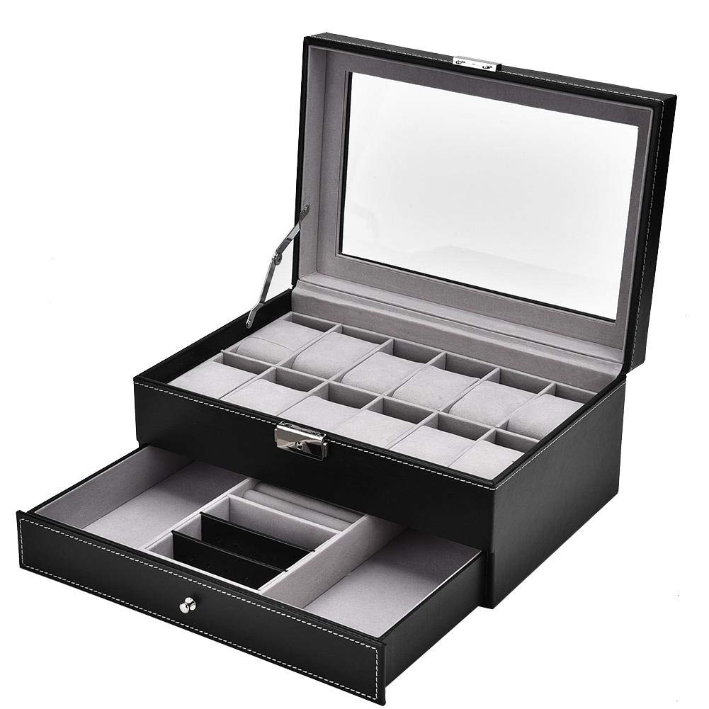 Rotekt 12 Grids Dual Layer Watch Display Case - Jewelry Organizer Box for Watches, Rings, Bracelets - Perfect for Retail Stores, Home Storage & Travel Accessories