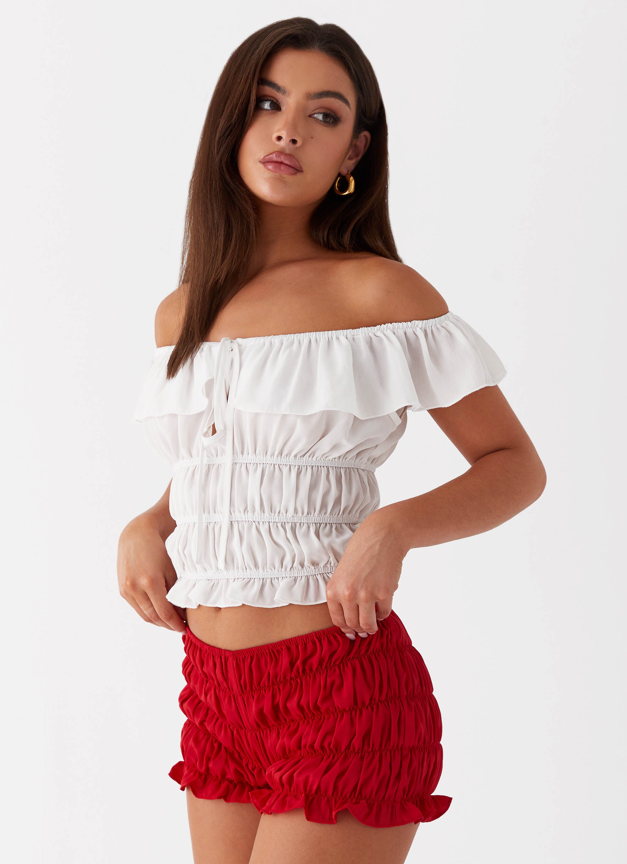 Girls Like Us Ruched Mini Shorts for Women - Stretchy High Waisted Denim Shorts in Red | Perfect for Summer Outfits, Beach Vacations & Casual Wear