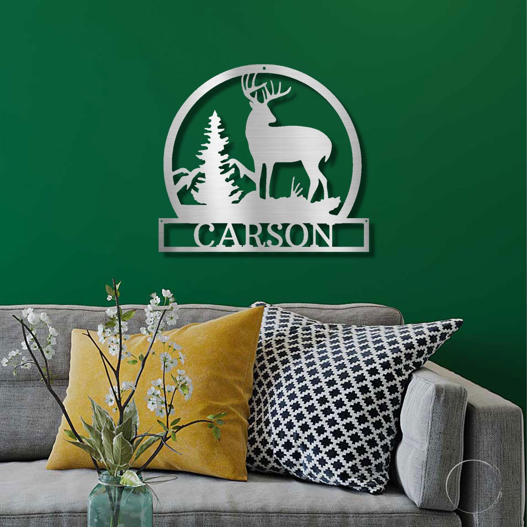 Custom Deer Buck Mountain Scene Metal Wall Art Sign - Personalized Name Engraved - 30