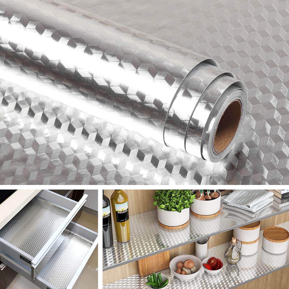 Livelynine Oil-Proof Self-Adhesive Contact Paper - Waterproof Kitchen Backsplash Wallpaper (40cm x 2m) | Stainless Steel Look Shelf Liner & Peel-and-Stick Wall Covering for Countertops, Cabinets, and Drawers