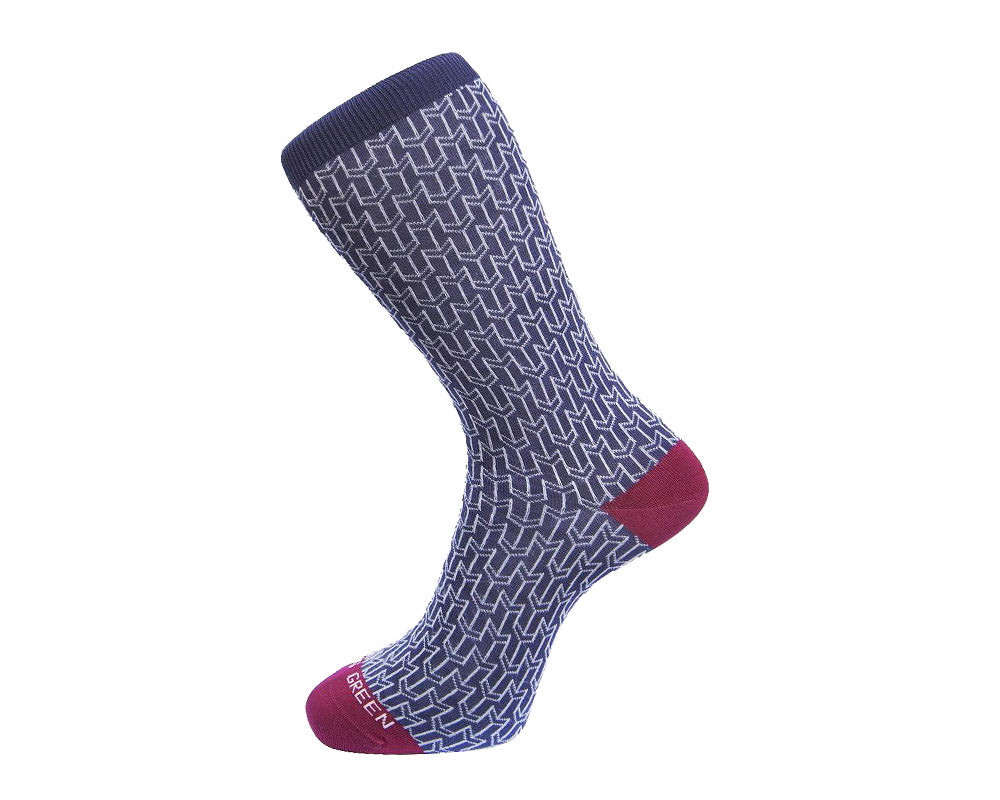 Fortis Green Men's Socks - Soft Breathable Cotton Dress Socks with Stylish Aubergine Arrow Pattern - Perfect for Office, Business & Formal Occasions