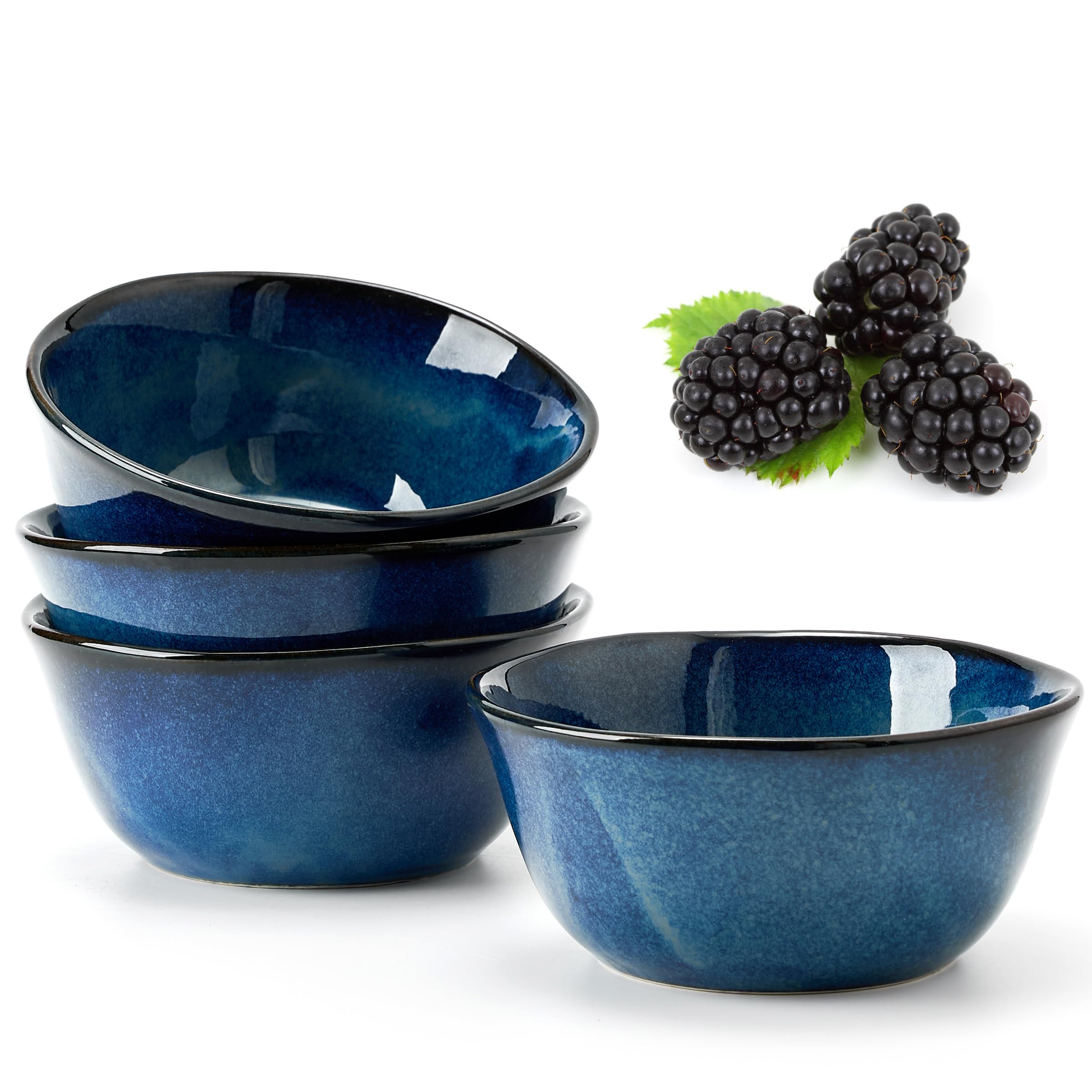 6 Inch Ceramic Soup Bowls Set of 4 - 23.7 Fl Oz Porcelain Cereal Bowls for Salad, Fruits, Dessert, Oatmeal & Ramen - Microwave, Dishwasher & Oven Safe - Wavy Design Blue Bowls - Perfect for Family Dinners, Parties & Everyday Use