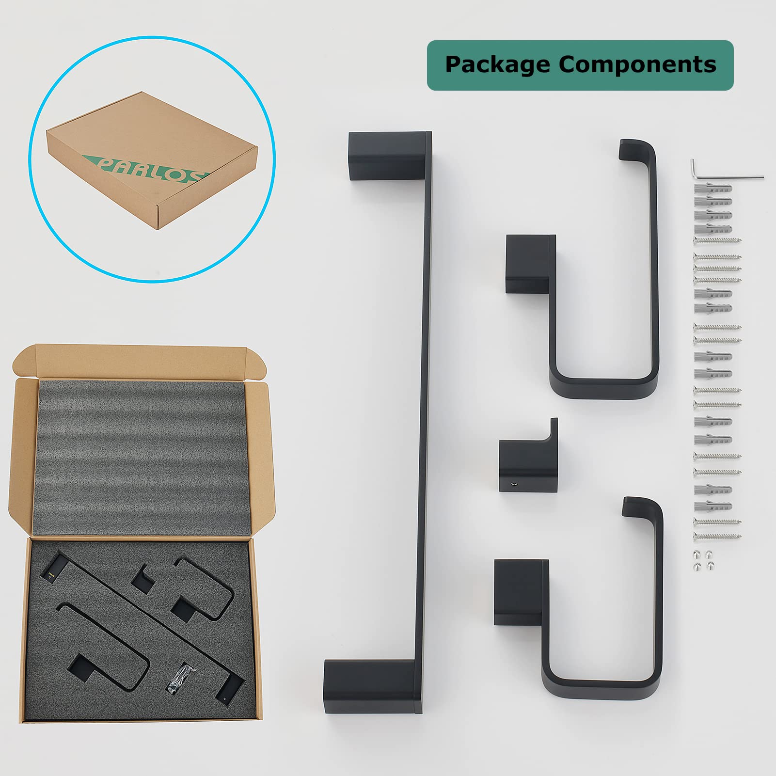 PARLOS 4-Piece Matte Black Brass Bathroom Hardware Set - 17