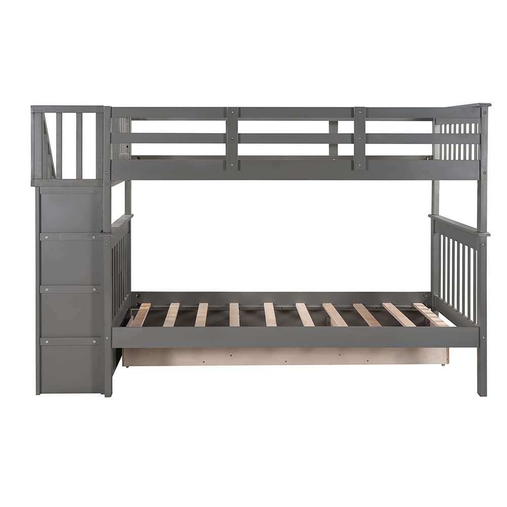 Twin Over Twin Wooden Bunk Bed with 3 Drawers - Space Saving Bunk Bed for Kids & Teens - No Box Spring Required - Perfect for Small Bedrooms, Dorm Rooms & Guest Rooms (Gray)