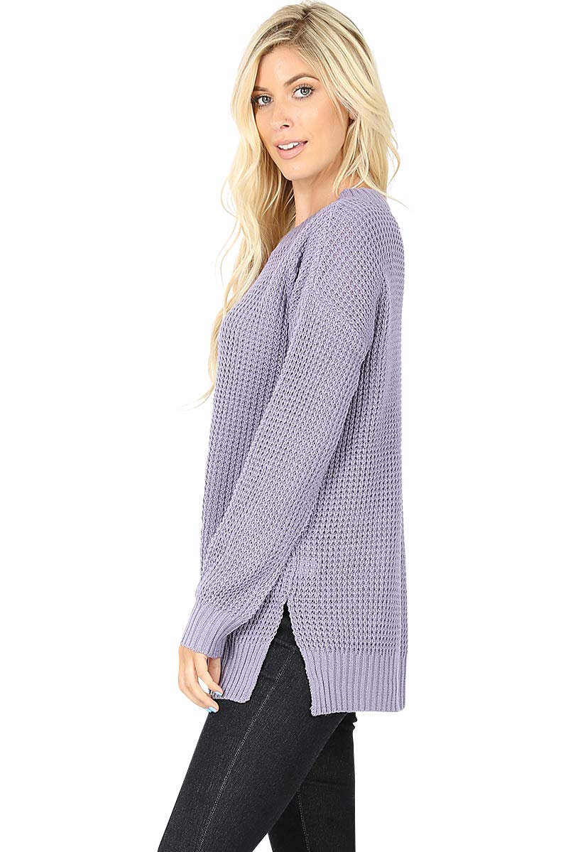 Women's Long Sleeve Crewneck Waffle Knit Sweater - Loose Fit Pullover with Side Slits, Black (Medium) | Casual Winter Wear, Office Outfits & Cozy Fall Layering