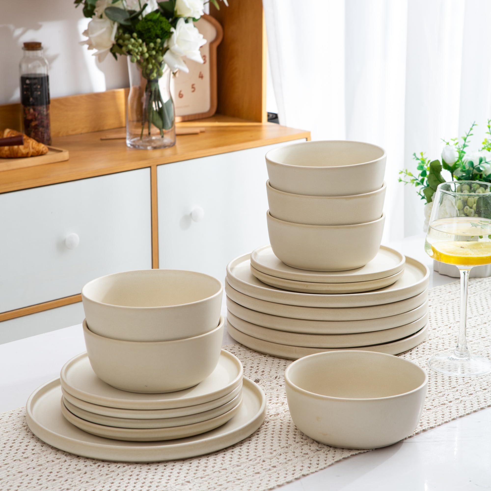 AmorArc 18-Piece Stoneware Dinnerware Set for 6, Chip & Crack Resistant Ceramic Plates & Bowls | Dishwasher & Microwave Safe | Elegant Round Dinnerware Set for Everyday Use, Family Dinners & Entertaining