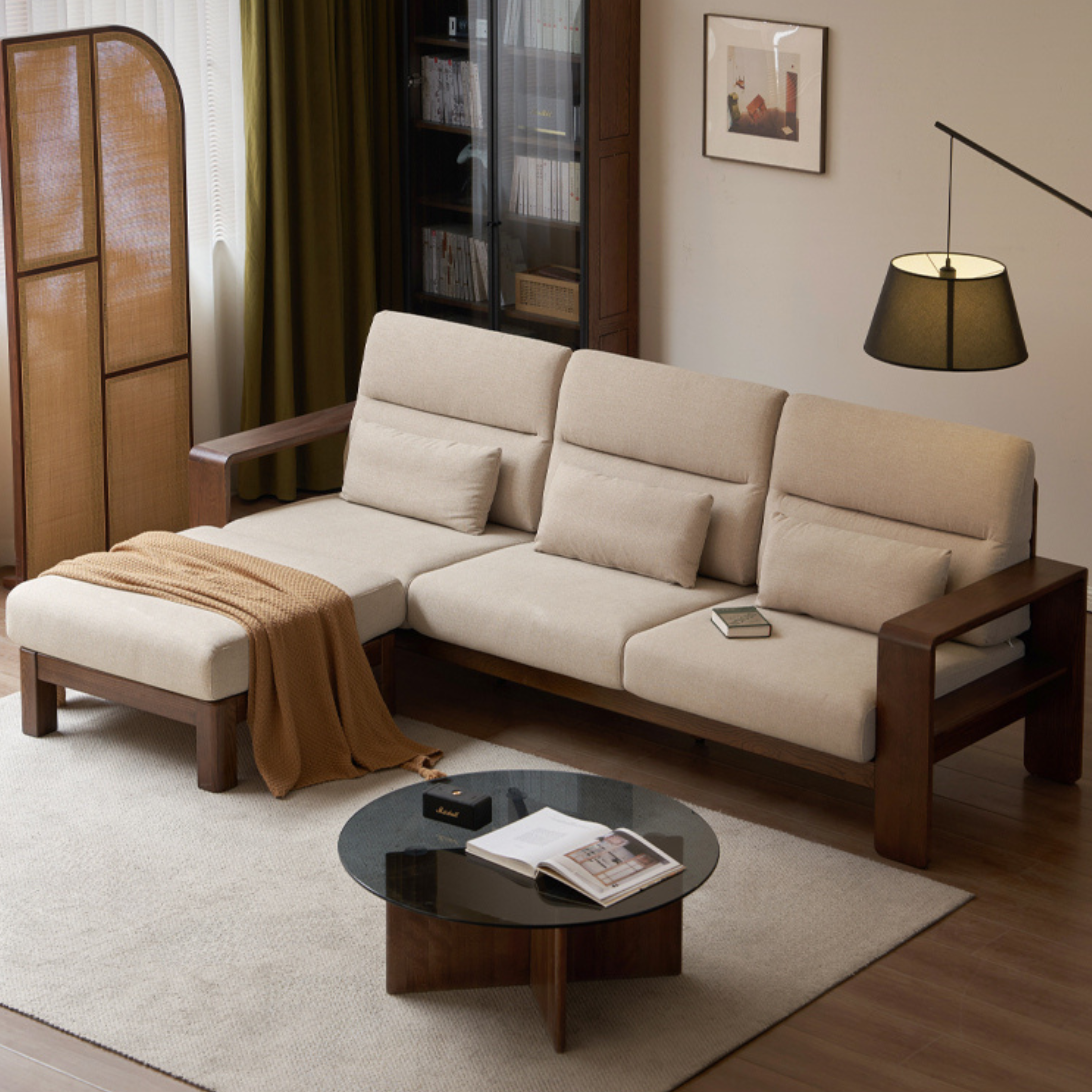 Oak Solid Wood High Back Fabric Corner Sofa - Modern L-Shaped Sectional Couch for Living Room, Lounge & Family Room Comfort