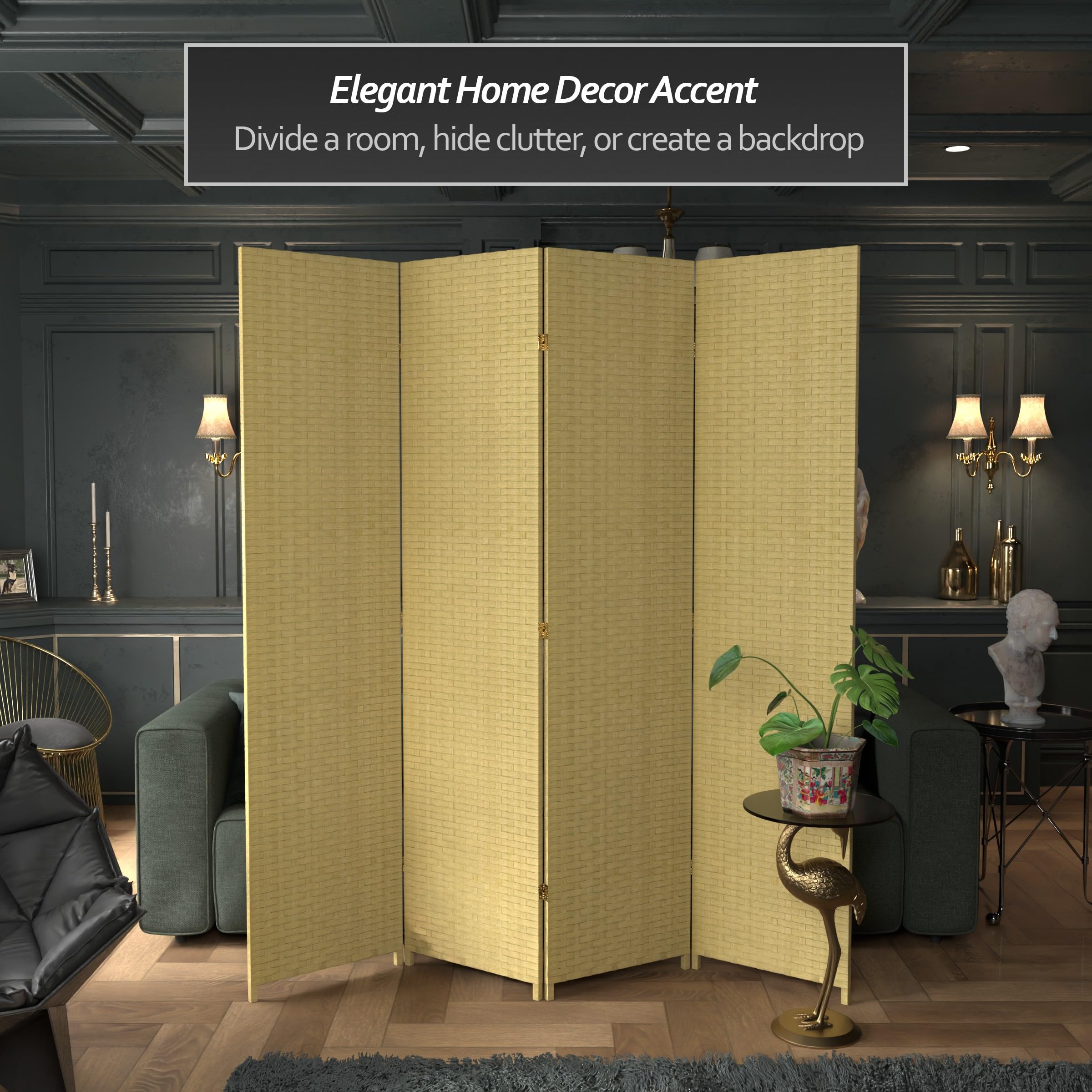 7 ft Tall Red Lantern Woven Fiber Room Divider - Dark Beige 4-Panel Folding Screen for Home Decor, Office Partition & Asian-Themed Spaces