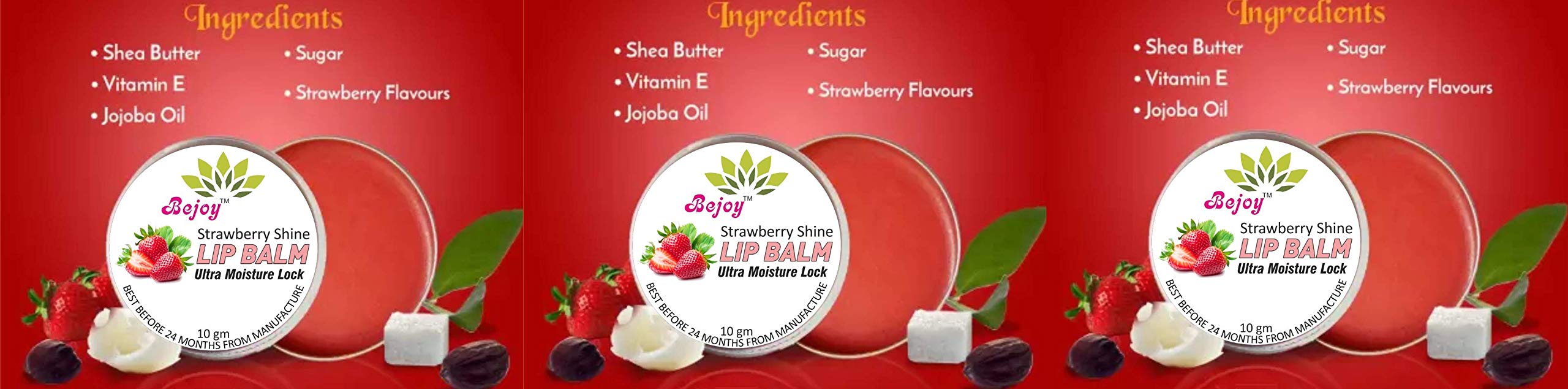 100% Pure & Natural Strawberry Lip Balm - 30g Pack of 3 | Moisturizing & Hydrating Lip Care for Dry, Chapped Lips - Perfect for Winter, Travel & Daily Use