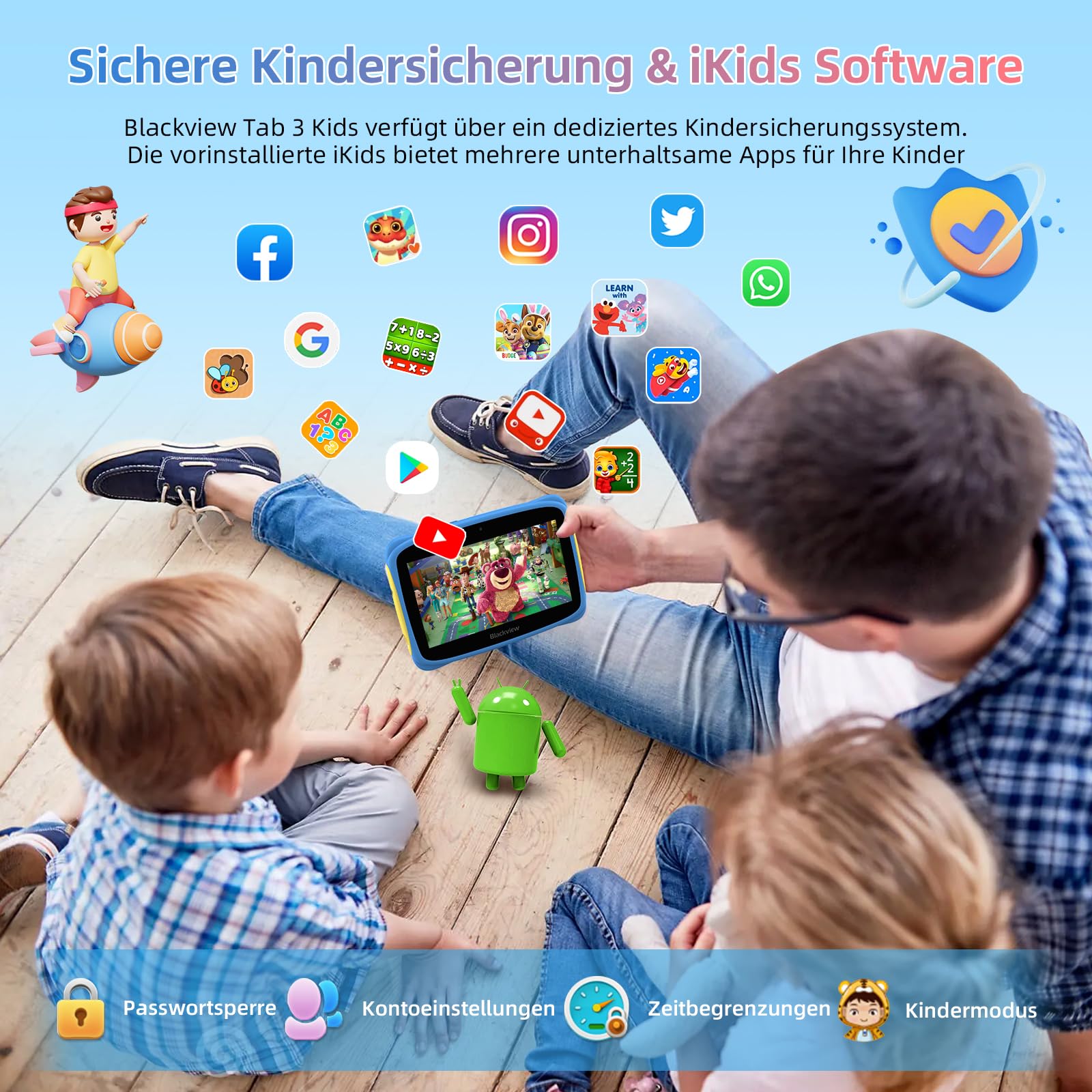 Blackview Kinder Tablet 7 Inch - Android Kids Tablet for Ages 6+ with Educational Games, 4GB RAM 32GB Storage, WiFi, Dual Cameras, GMS Certified, Shockproof Case, Parental Controls - Perfect for Learning, Entertainment & Travel