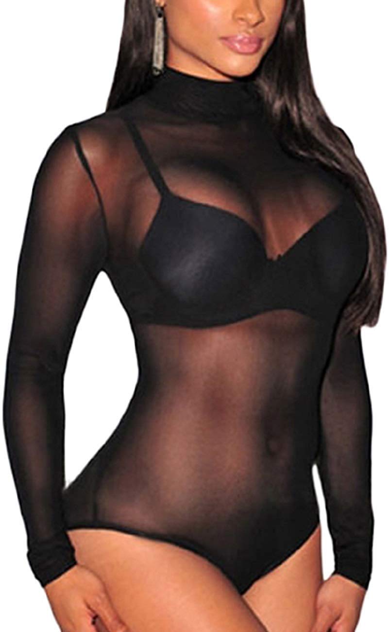MAYFASEY Women's Long Sleeve Bodysuit - Sheer Mesh Sexy Leotard for Dance, Lingerie & Night Out | Stretchy Bodycon Tops for Clubwear & Costumes