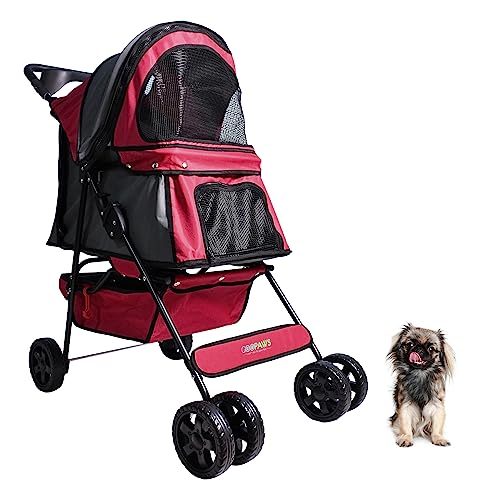Jespet 4-Wheel Foldable Pet Stroller for Dogs & Cats - Safe Brake System, Cup Holder & Storage Basket - Perfect for Jogging, Shopping & Outdoor Adventures (Maroon)