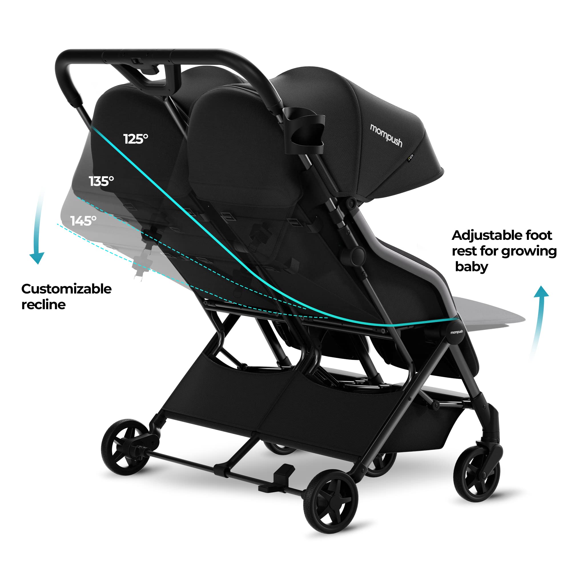 Mompush Lithe Double Ultralight Stroller - Lightweight Side by Side Baby Stroller with 2 Large Reclining Seats | Easy Fold & Compact Design | Perfect for Twins, Siblings, or Daycare Use | Ideal for Travel, Shopping & Outdoor Adventures