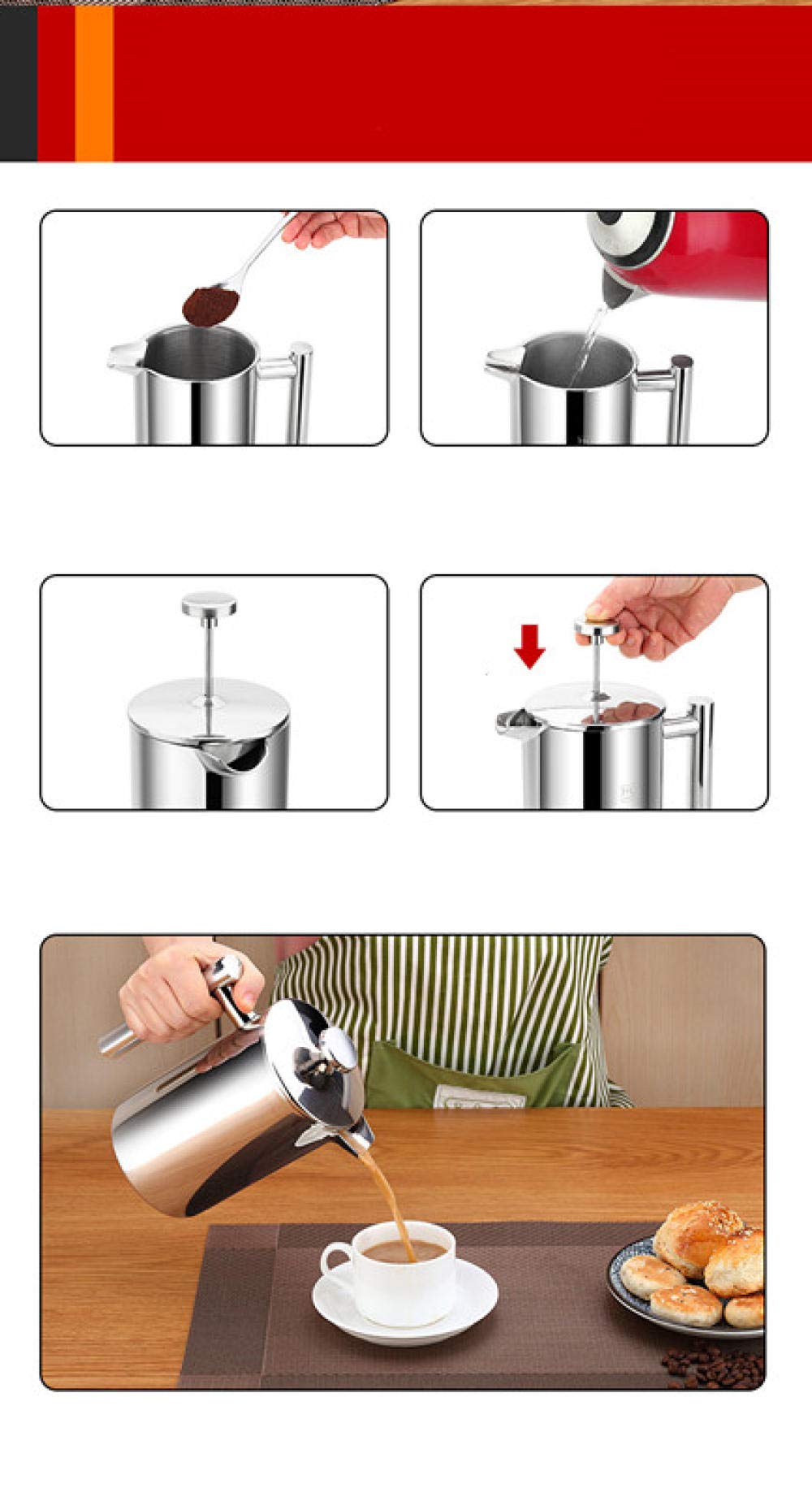 Premium 1L French Press Coffee Maker - Stainless Steel Plunger & Mesh Filter for Rich, Smooth Coffee & Tea | Ideal for Home, Office & Camping Brewing