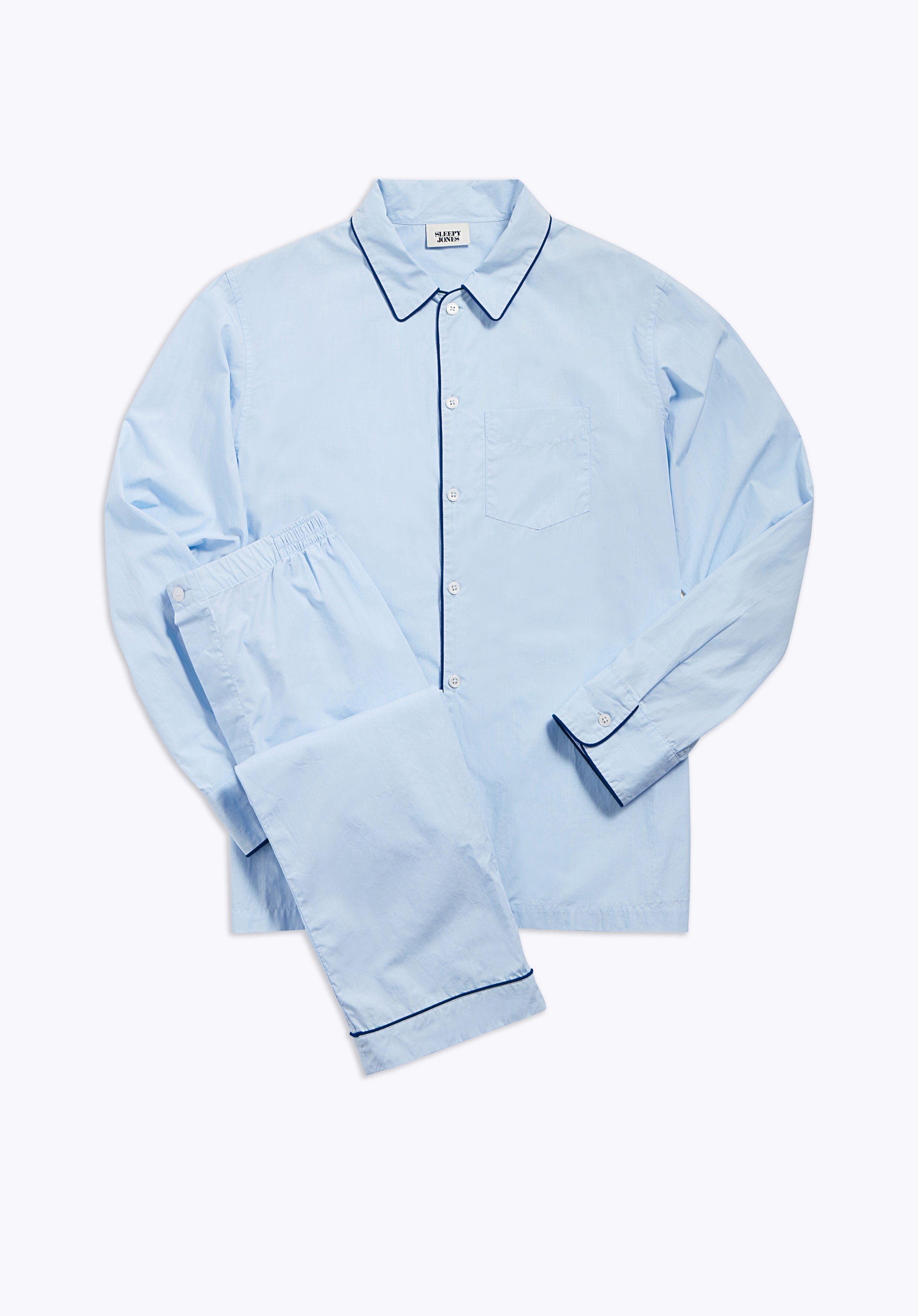 Premium Henry Pajama Set - Soft End-on-End Blue Cotton with Navy Piping | Comfortable Sleepwear for Men | Perfect for Lounging, Travel & Cozy Nights