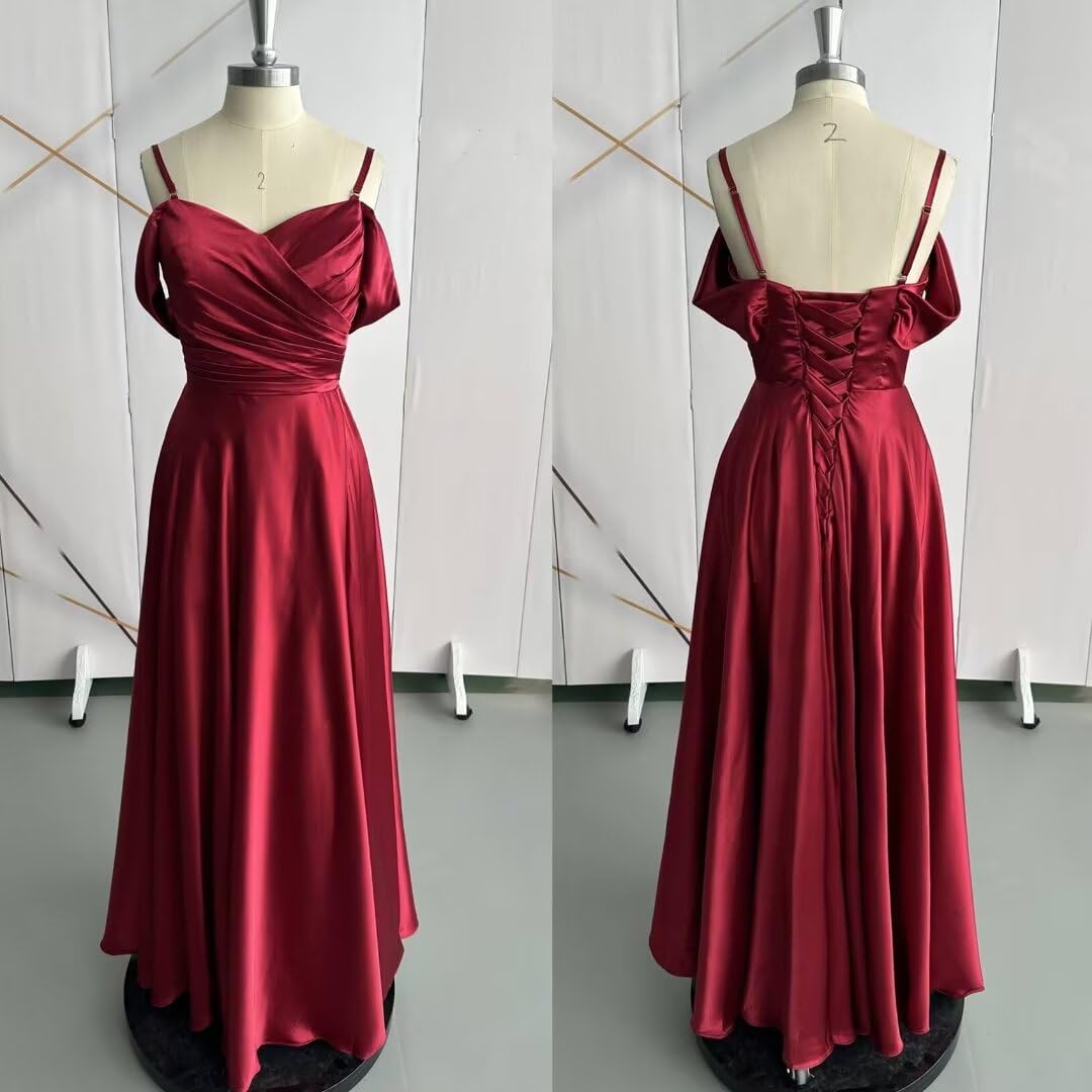 Elegant Off-the-Shoulder Satin Bridesmaid Dresses - Long Formal A-Line Evening Gowns with Ruched Detail for Women | Perfect for Weddings, Proms & Special Occasions